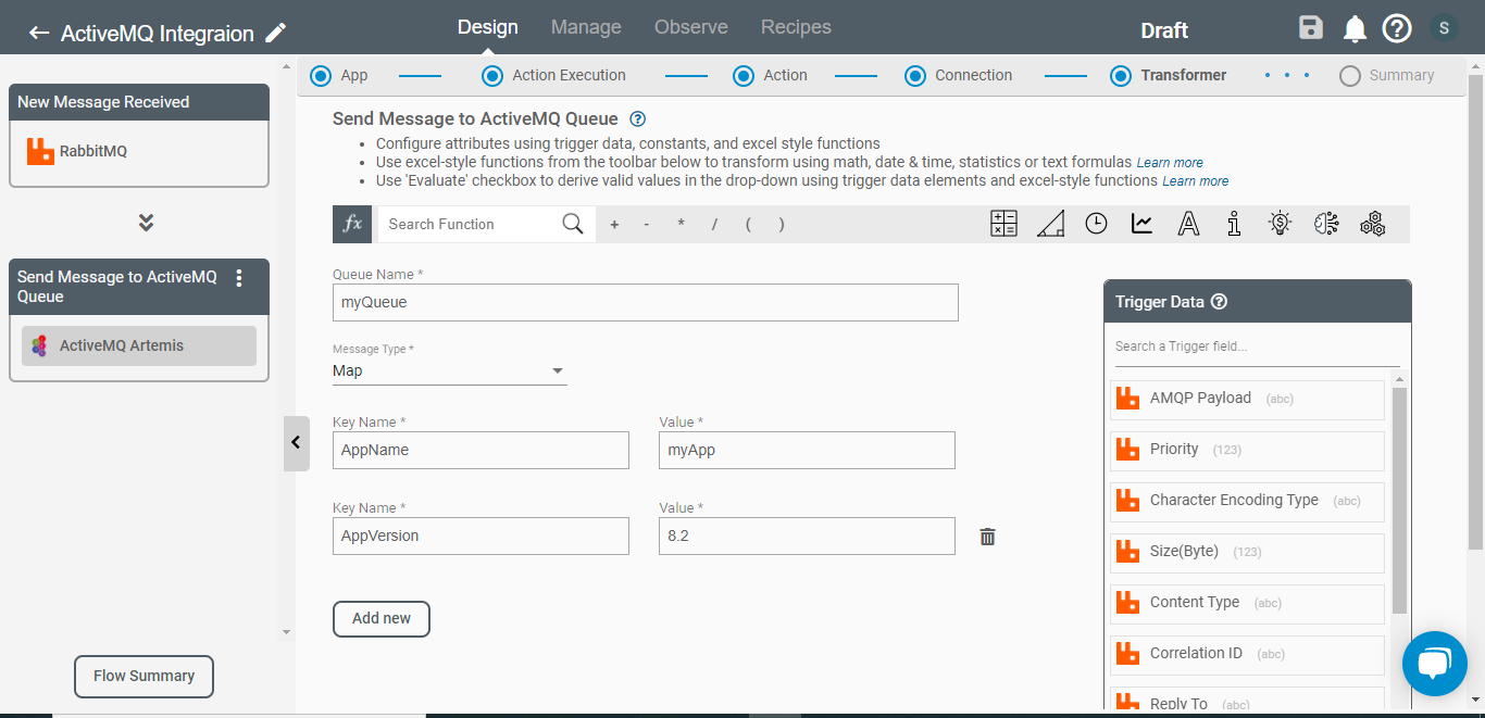 Setting up ActiveMQ Artemis Action with Map type Message