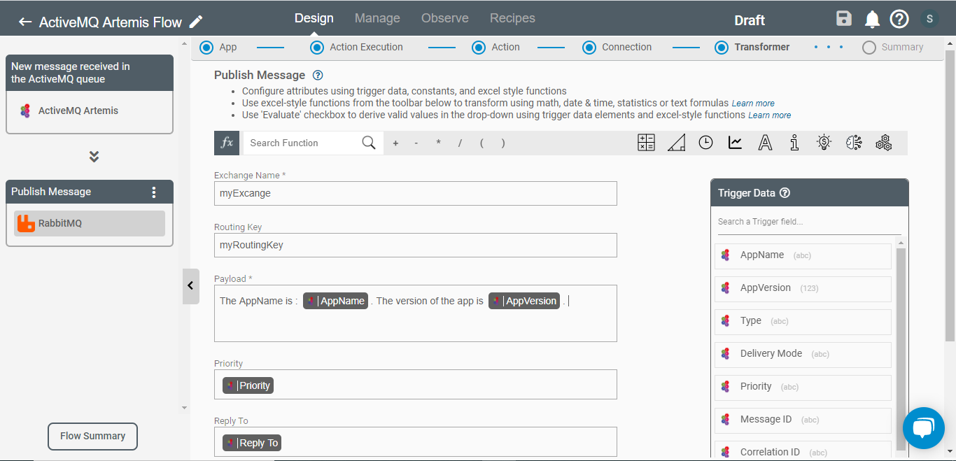 Data Mapping on RabbitMQ using trigger data of ActiveMQ Artemis if message type is Map