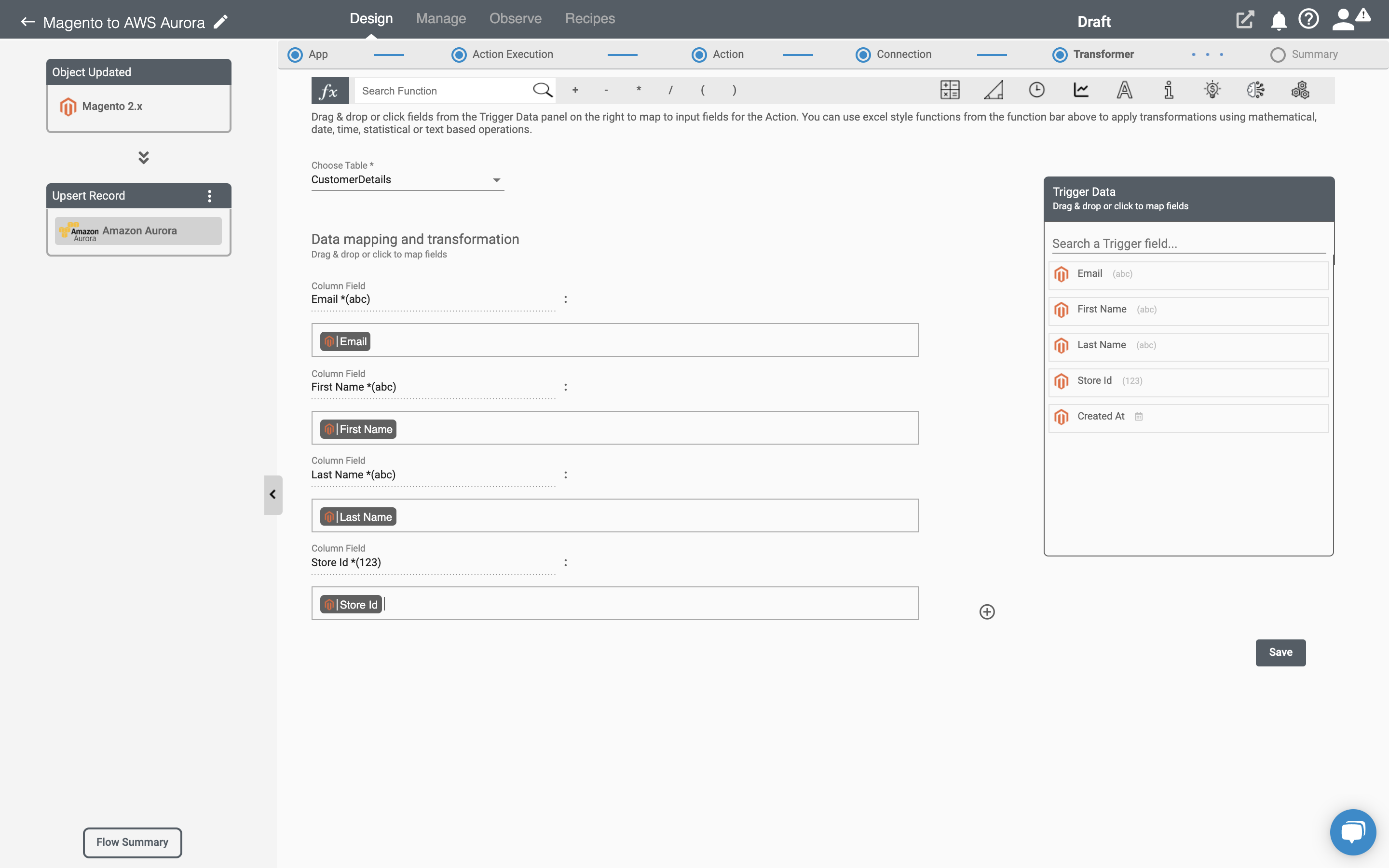 Amazon aurora Data mapping and transformation