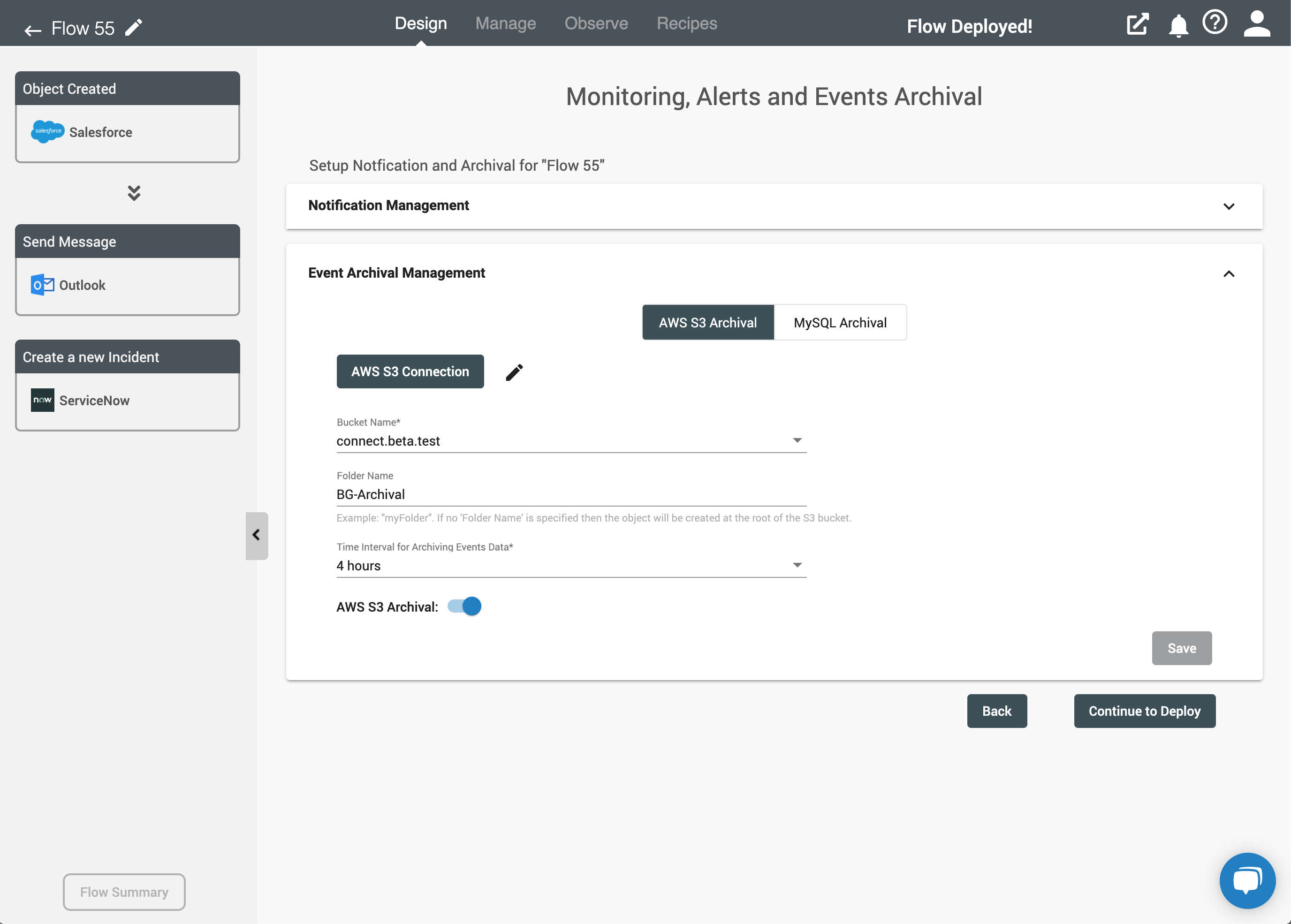 AWS S3 Event Archival setting on flow deployment