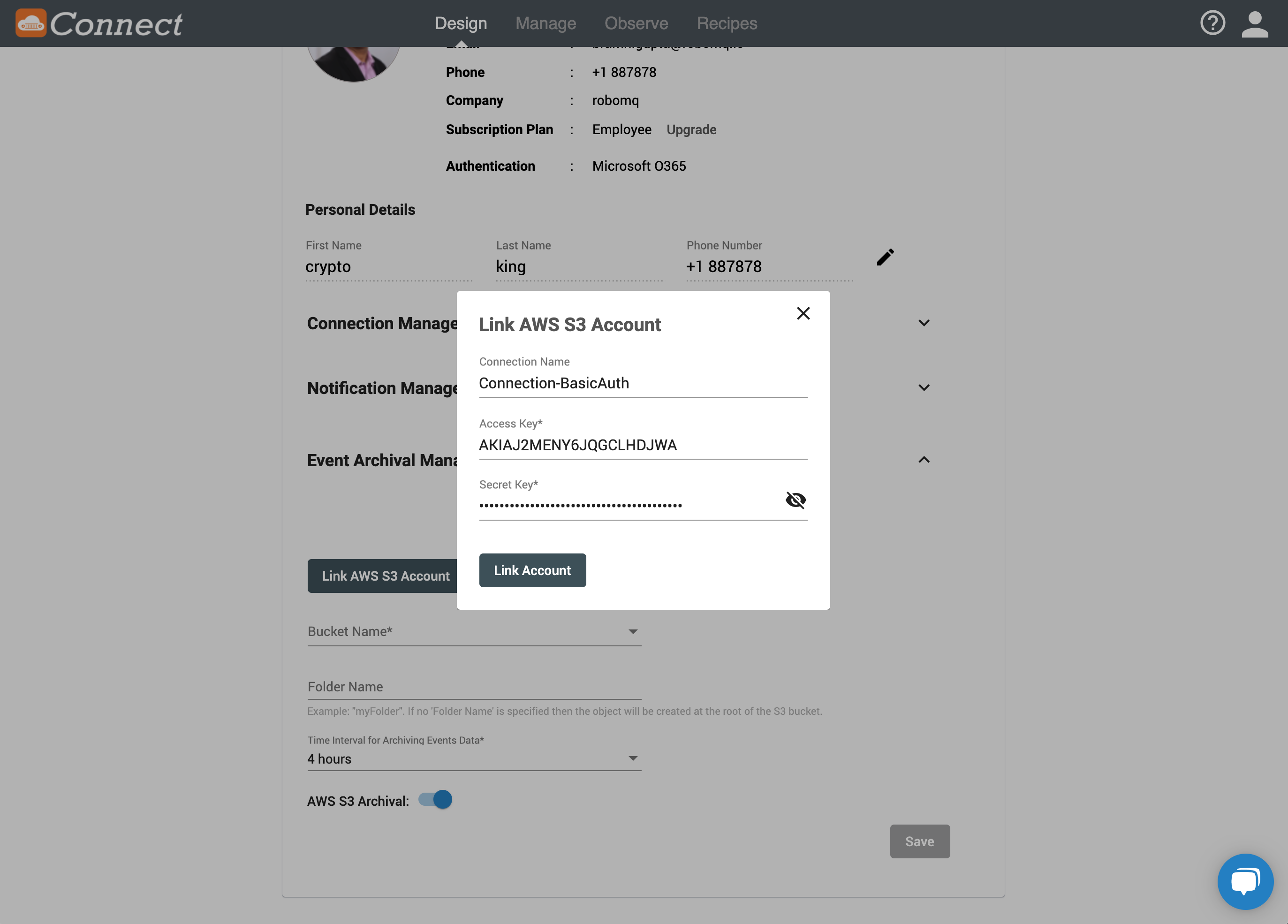 AWS S3 Archival Connection Setup