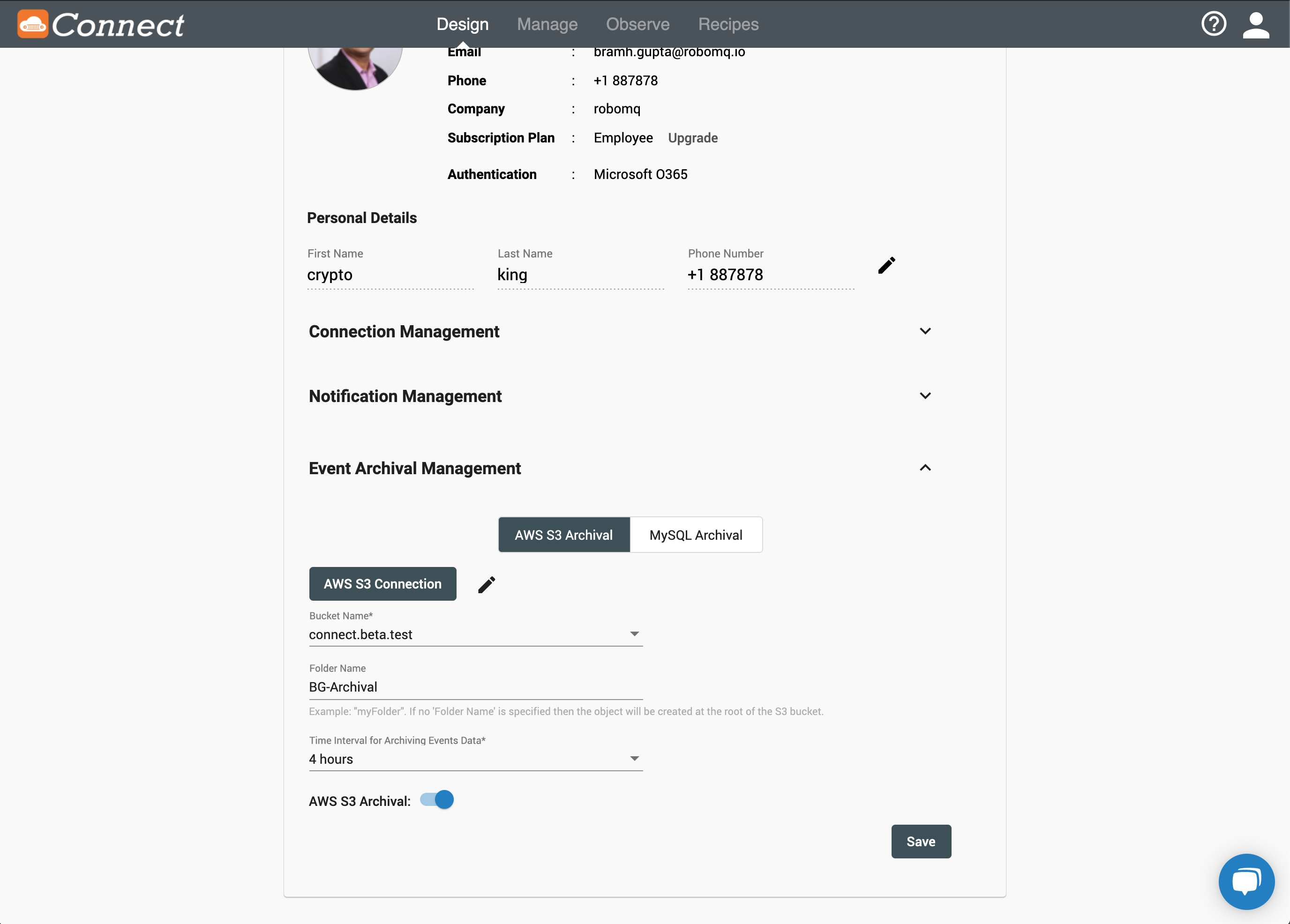 AWS S3 Archival setting page