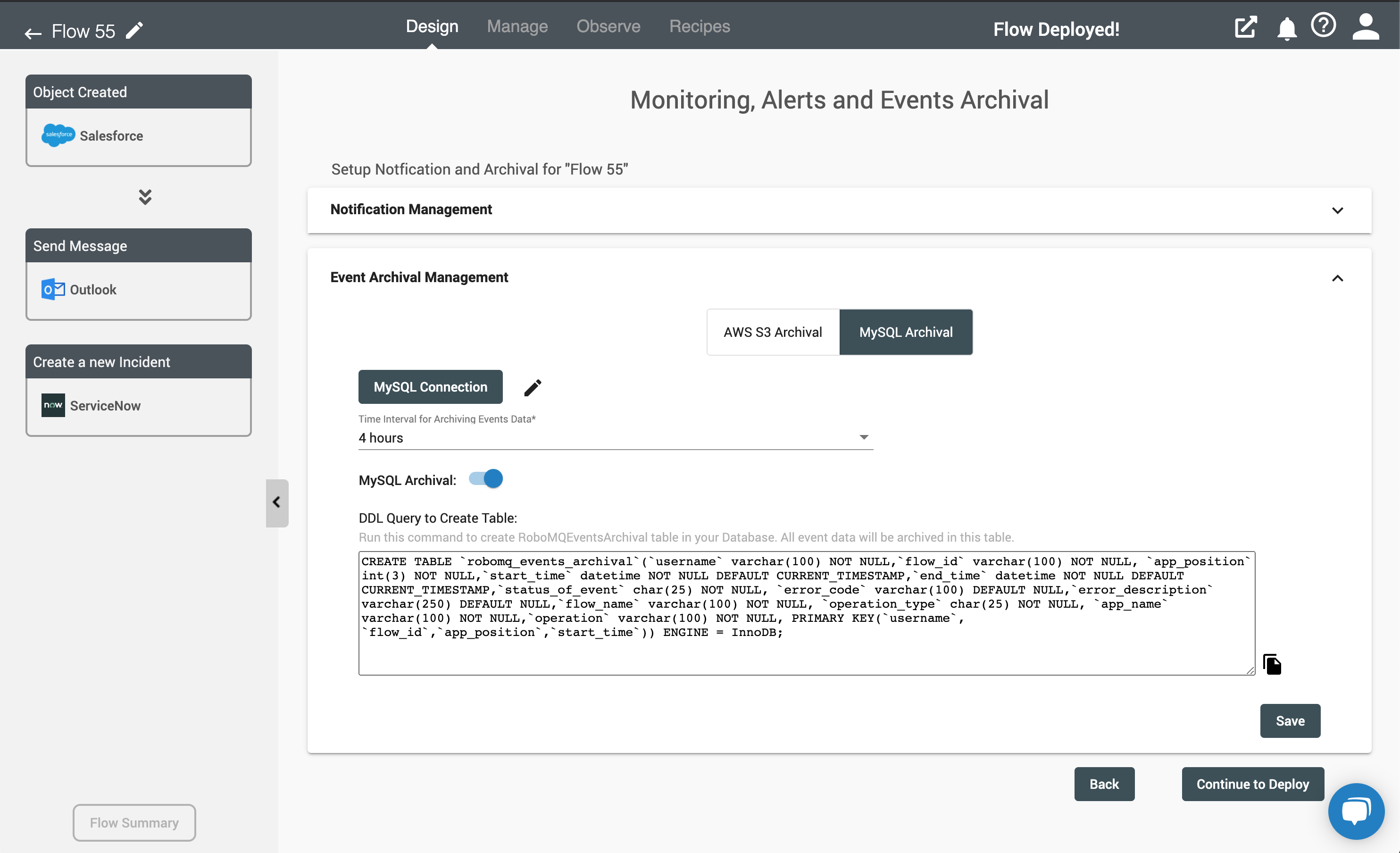 MySQL Event Archival setting on flow deployment