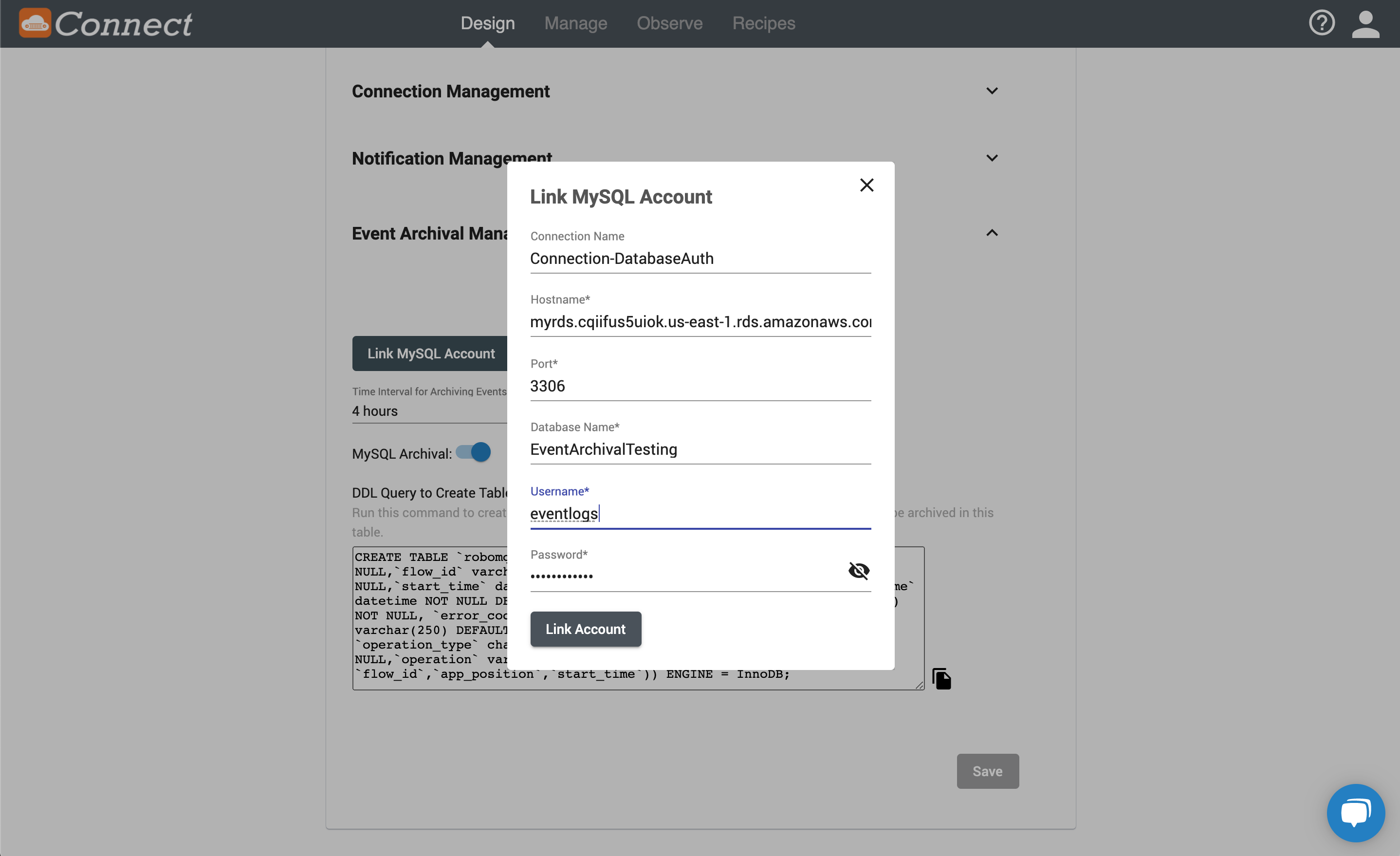 MySQL Archival setting page