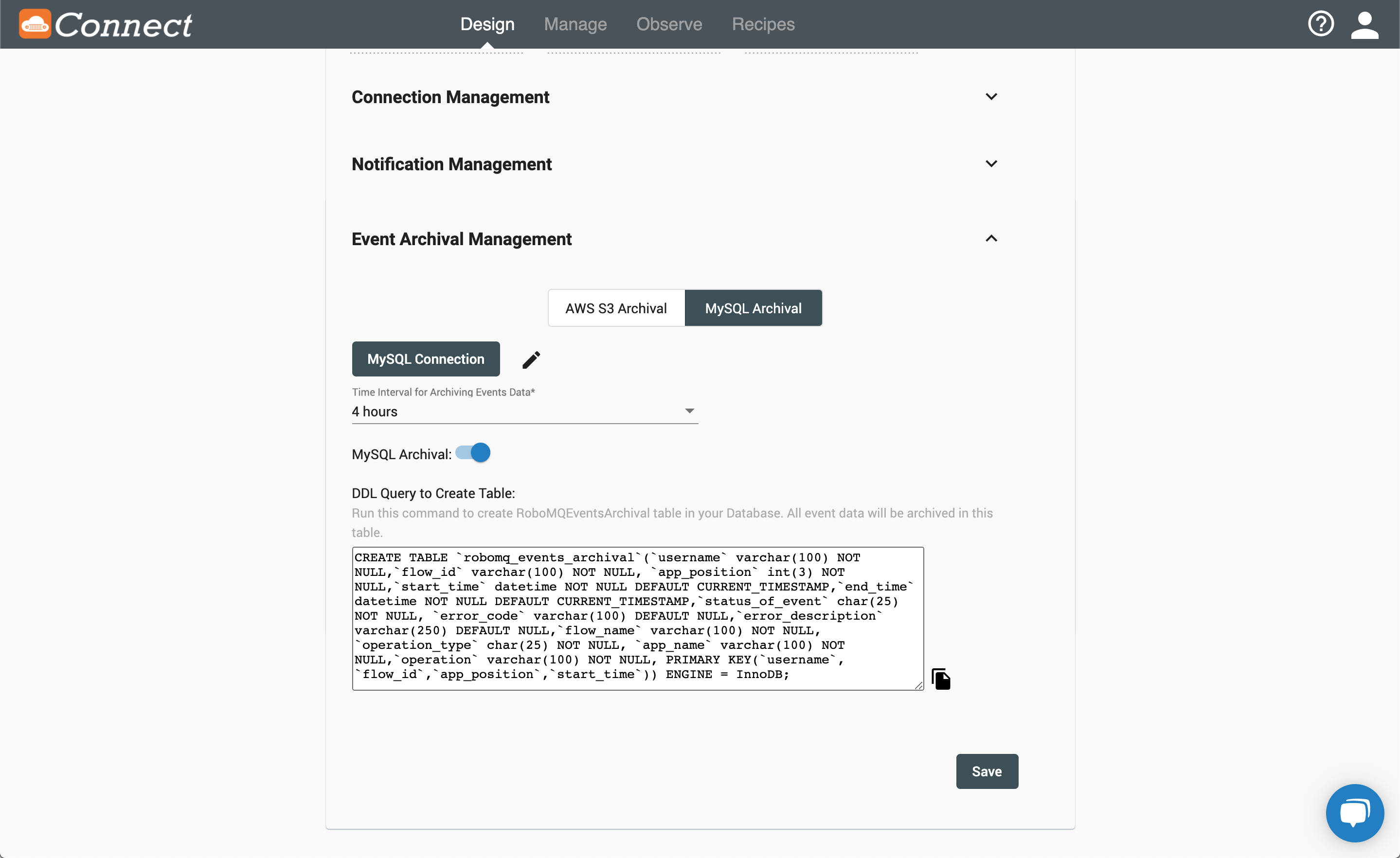 MySQL Archival setting page