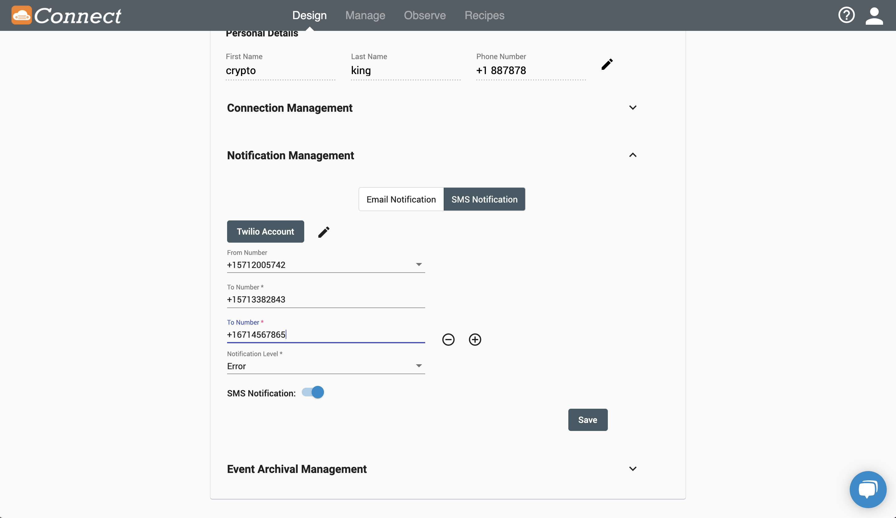 SMS Notification Connection Setup