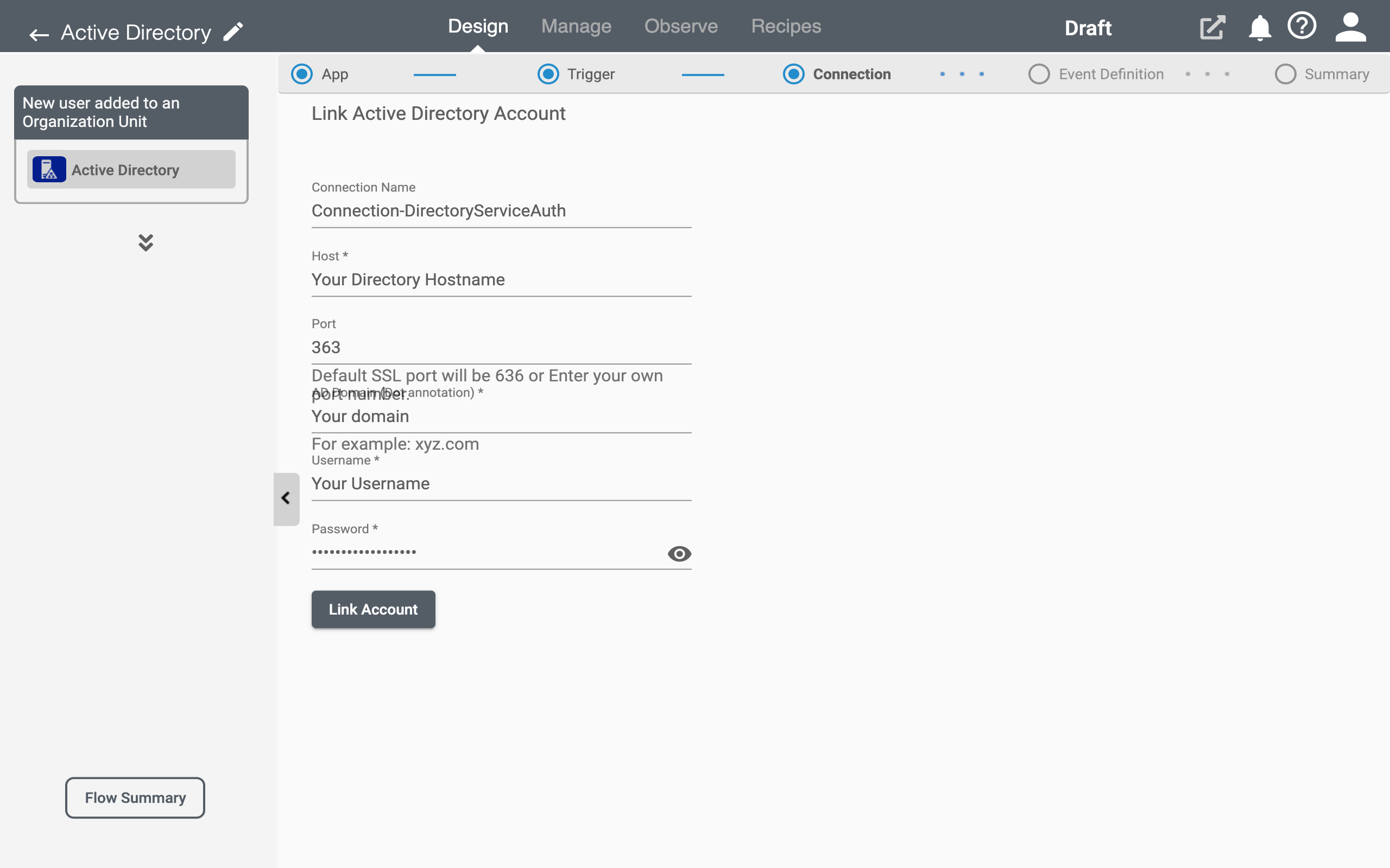 RoboMQ Connect Active Directory Connection Page