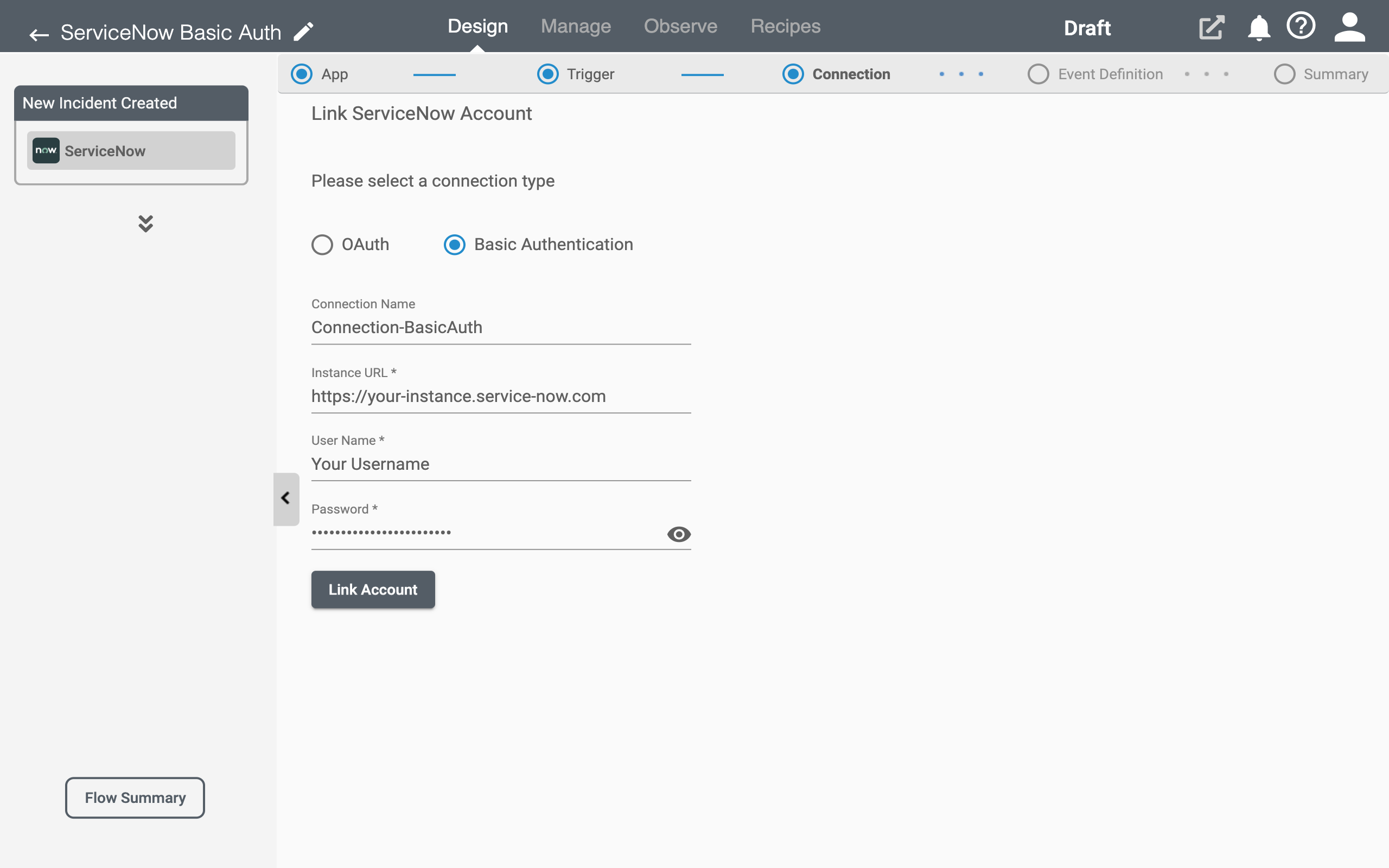 RoboMQ Connect Basic Authentication Connection Page