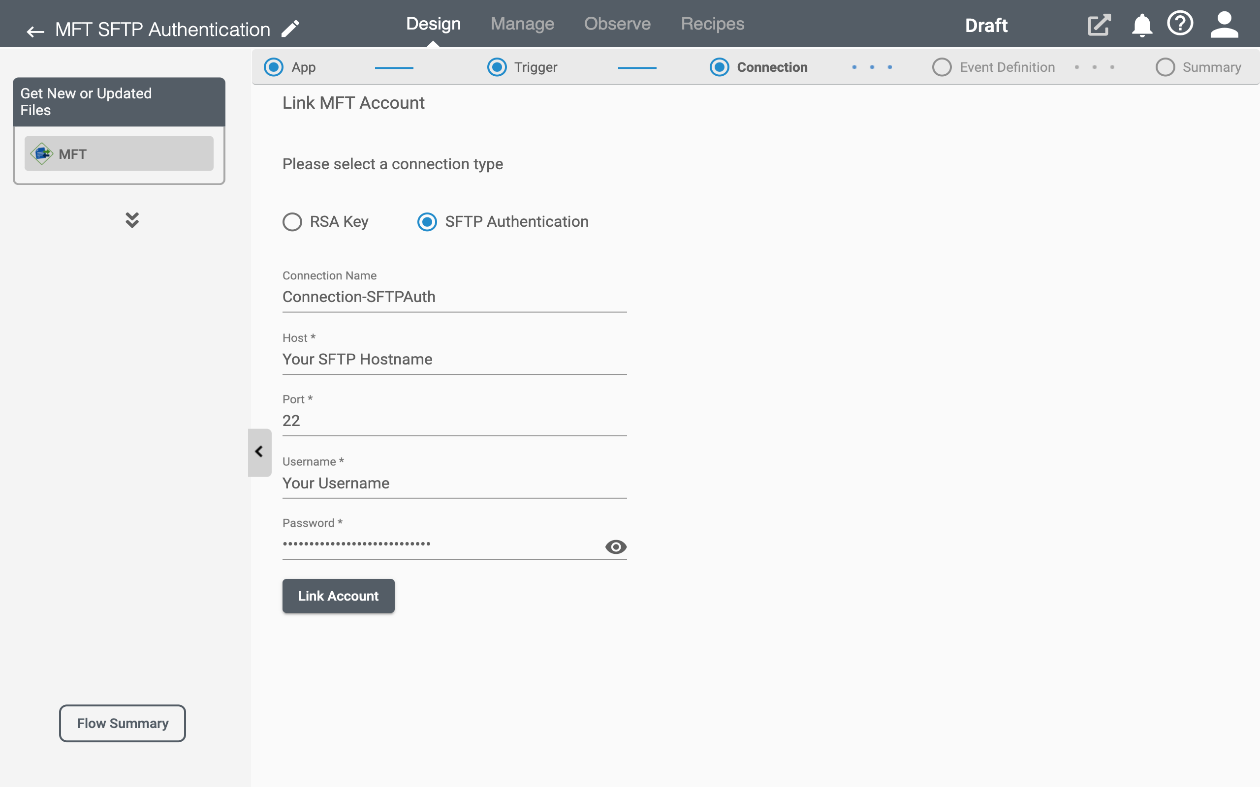 RoboMQ Connect SFTP Basic Authentication Connection Page