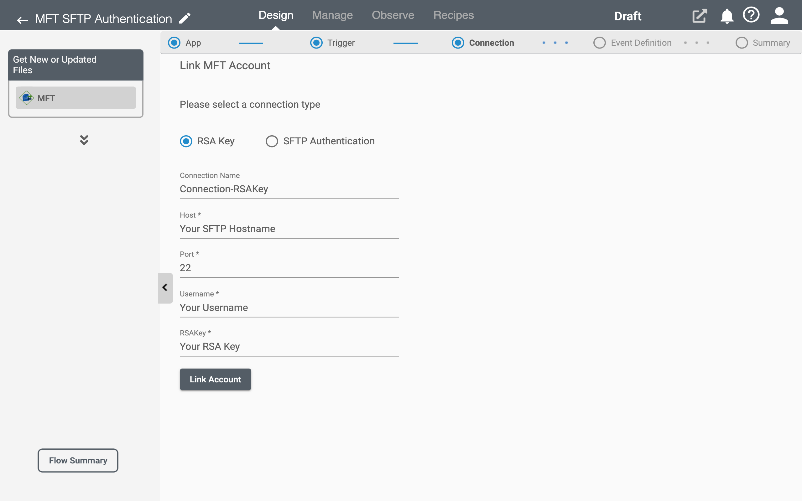 RoboMQ Connect SFTP RSA Key Authentication Connection Page