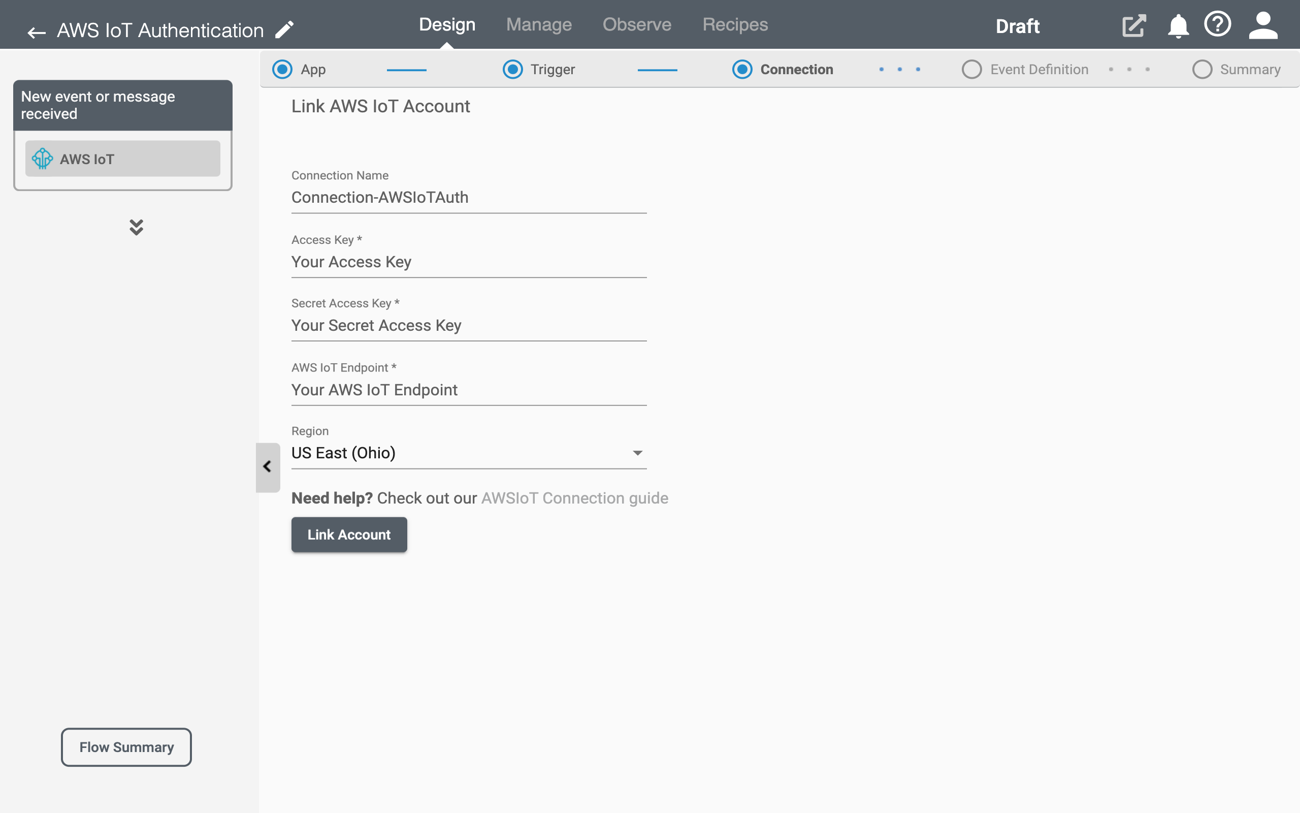 RoboMQ Connect AWS IoT Connection page