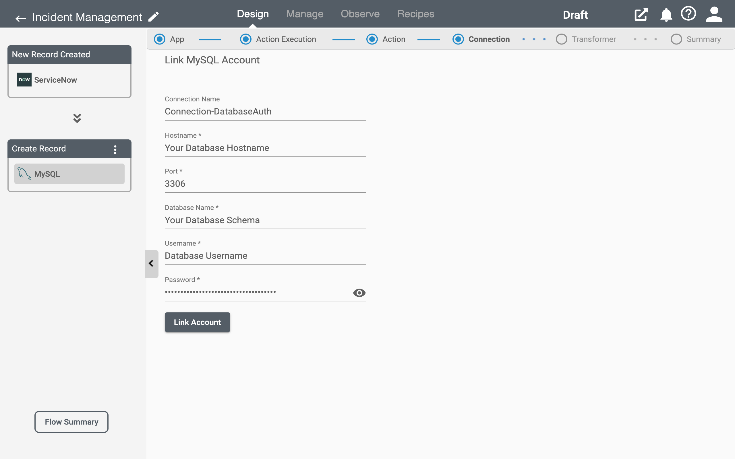 RoboMQ Connect MySQL Connection Page