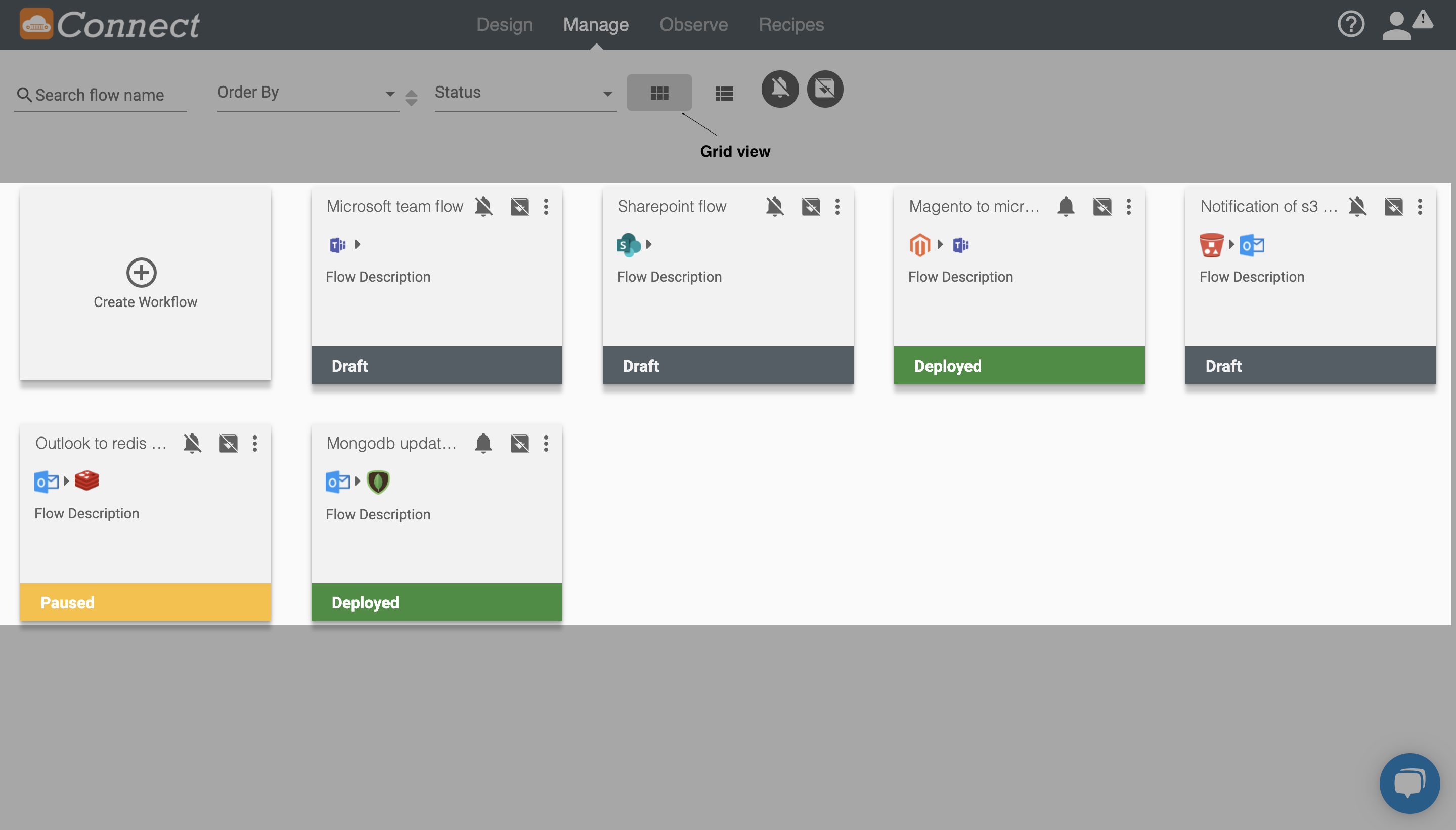 Grid view of Workflows on Connect iPaaS