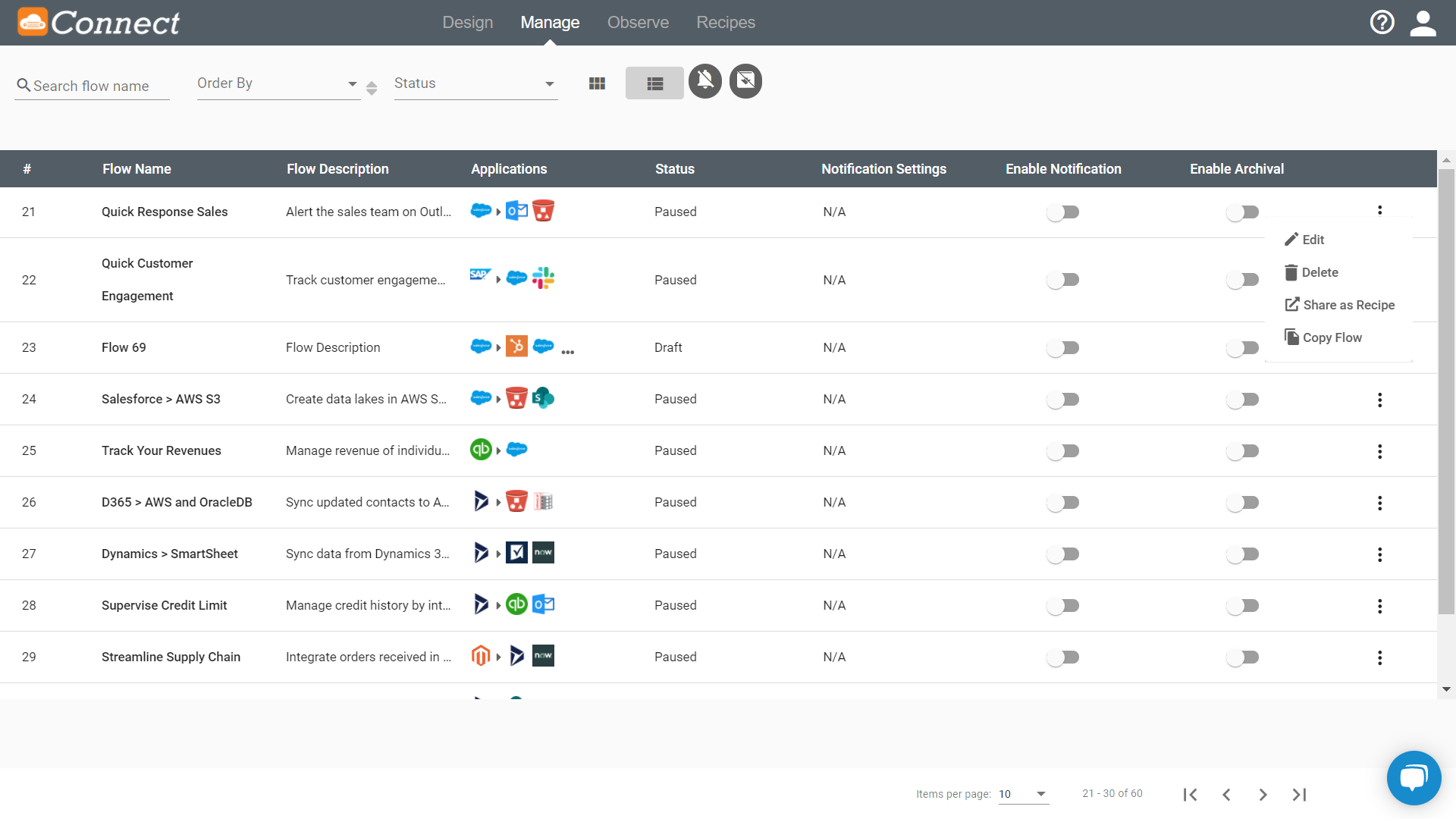 List view flow operation