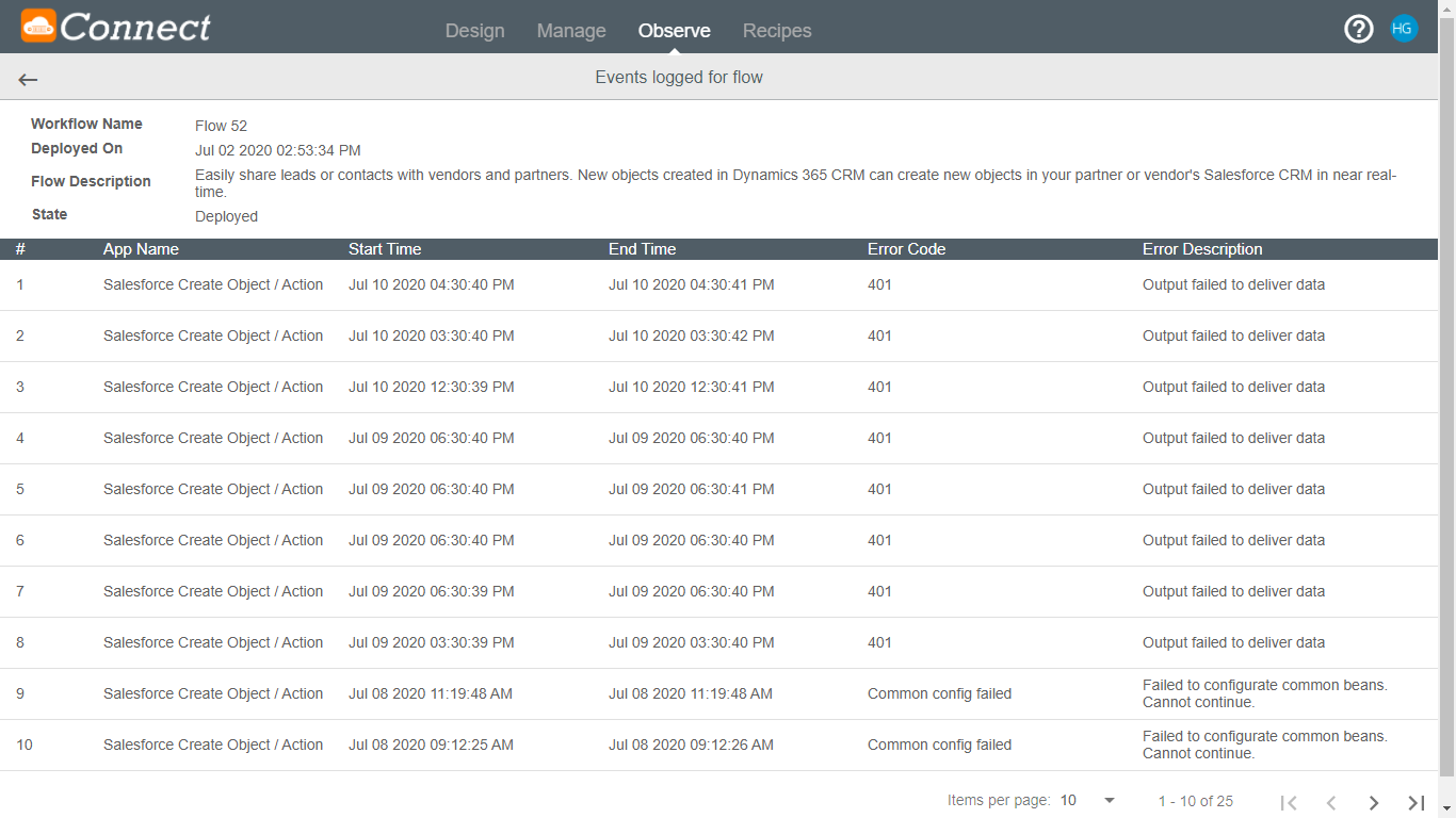 List of all errors in a workflow