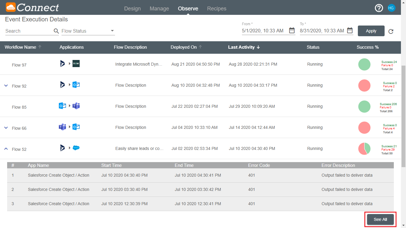 See more errors in the workflow events