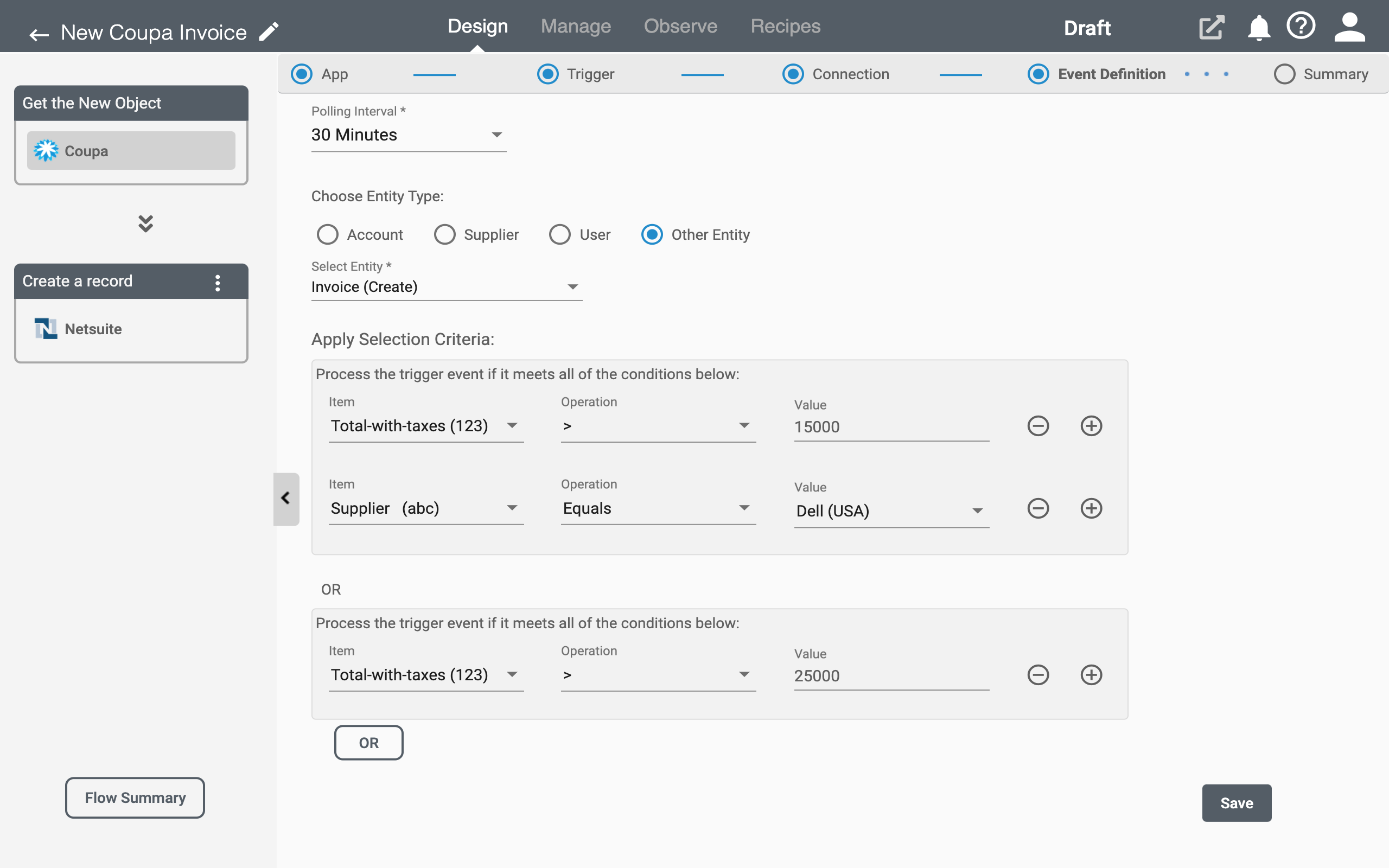 Event Filtering for Coupa on Connect iPaaS