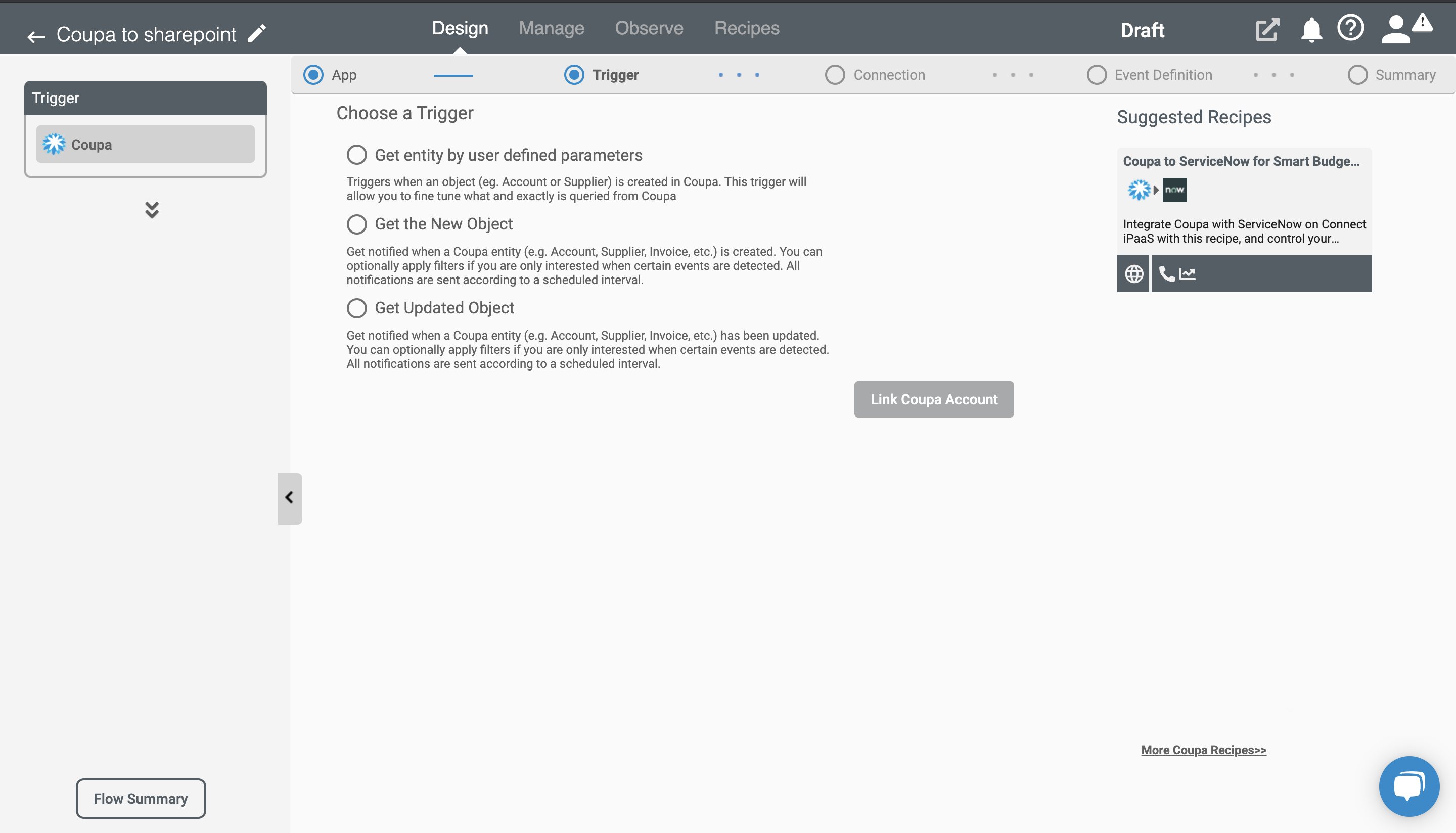 Triggers for Coupa Application on RoboMQ Connect