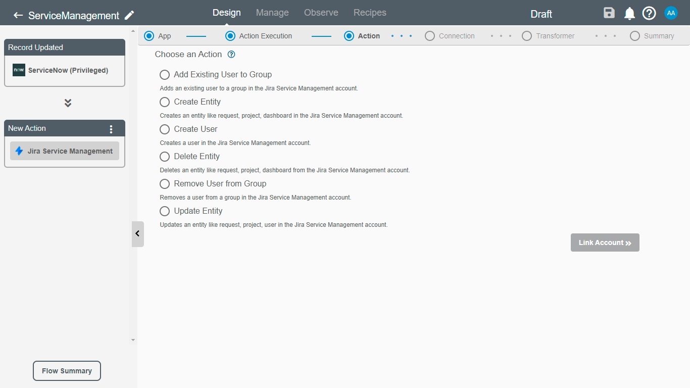 Action for Jira Service Management on Connect iPaaS