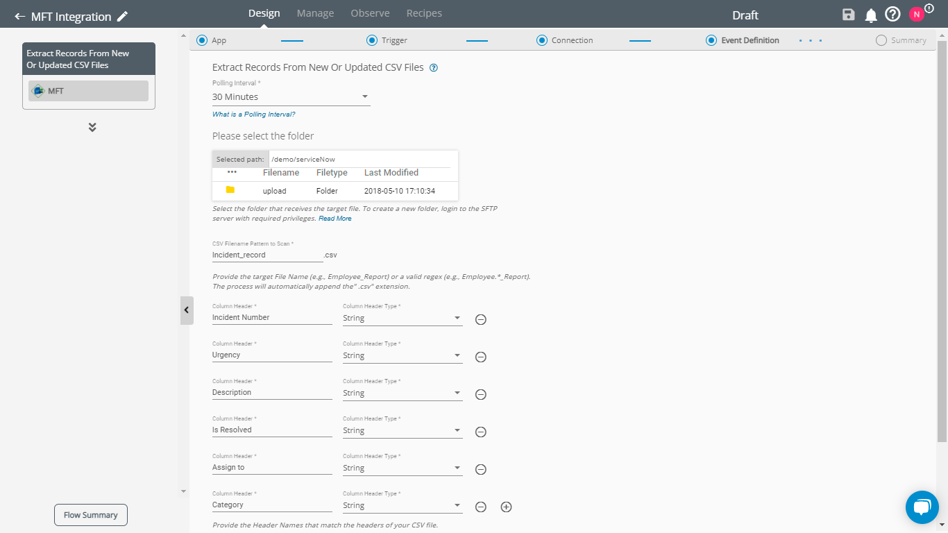 Inserting CSV Column Header Fields in MFT Trigger