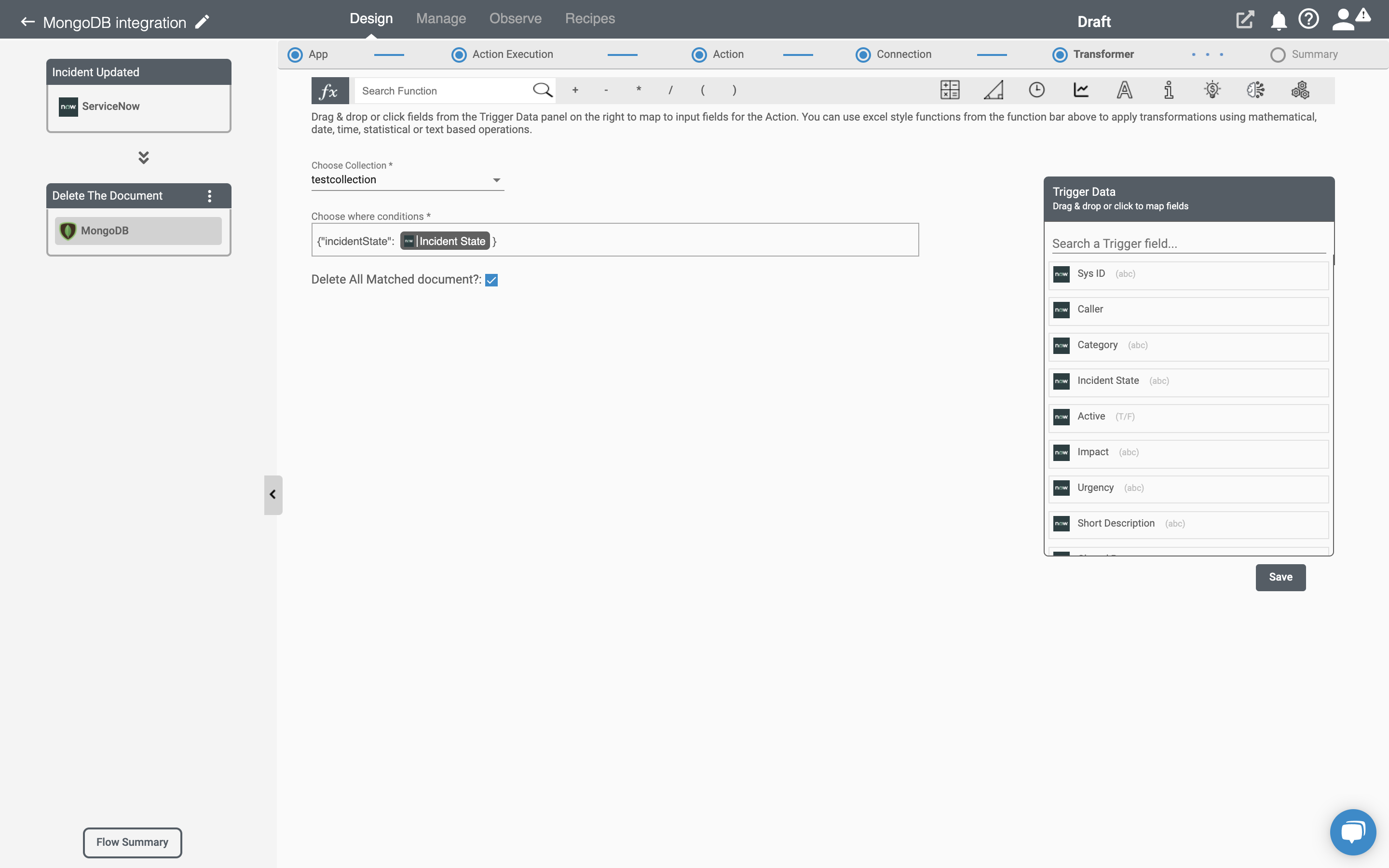 MongoDB delete document action