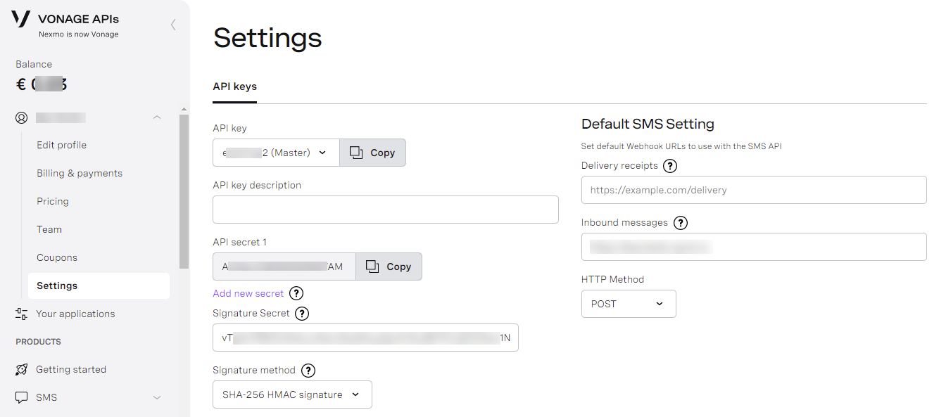 Nexmo Settings page