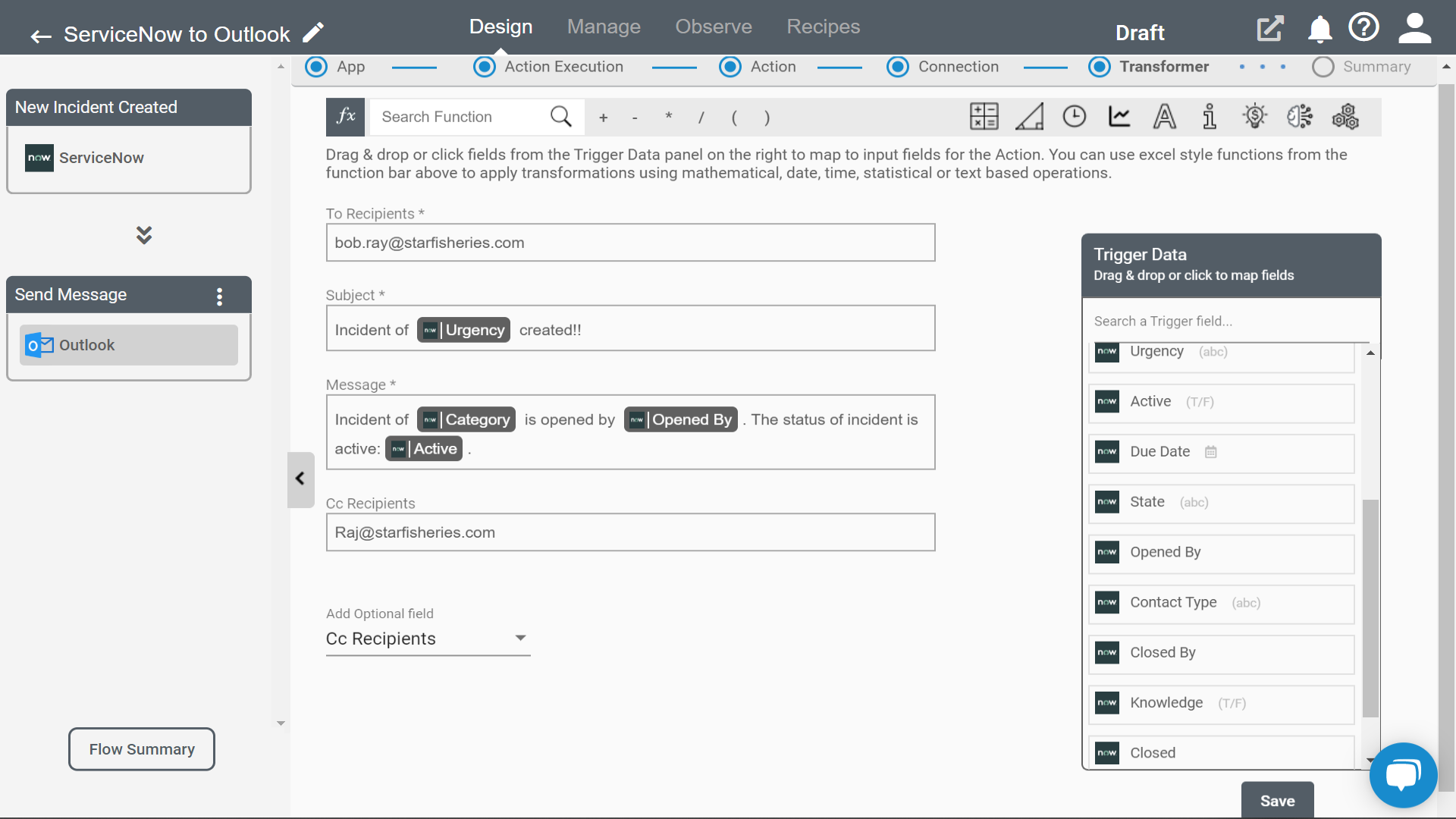 Setting up Outlook action