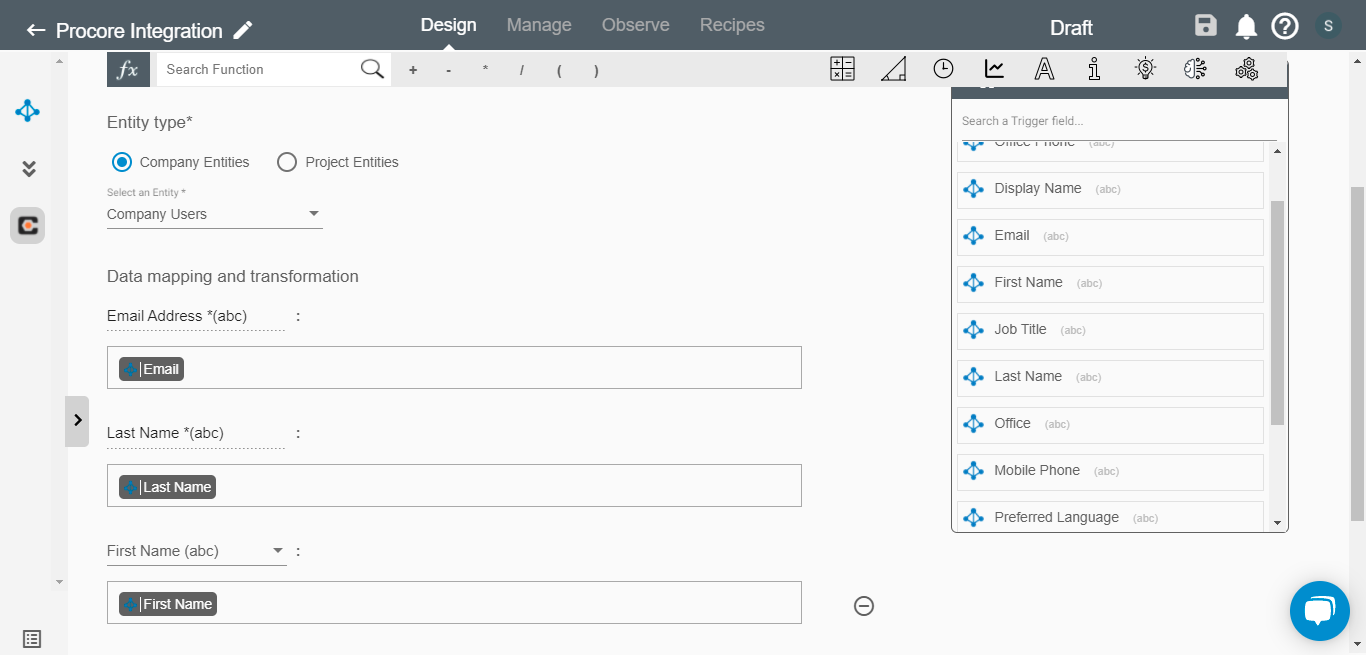 Create Entity Action for Procore on Connect iPaaS