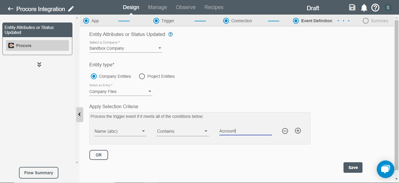 Entity Attributes or Status Updated Trigger for Procore on Connect iPaaS