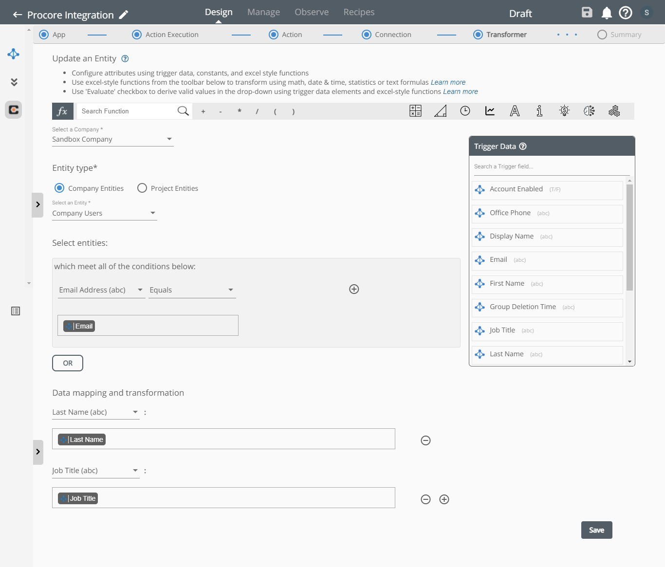 Update Entity Action for Procore on Connect iPaaS