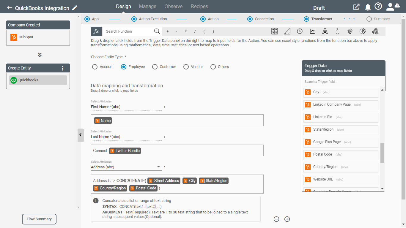 Create Entity Action for QuickBooks on Connect iPaaS