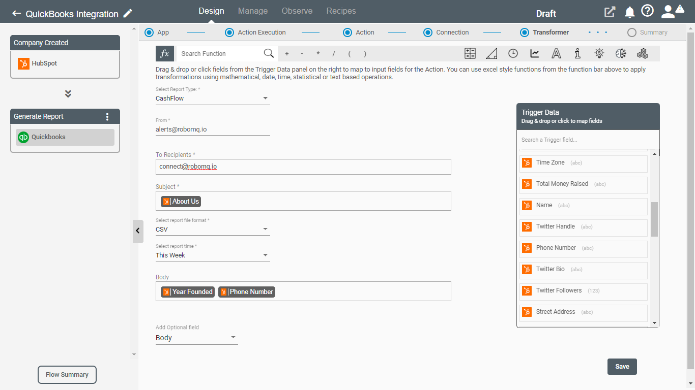 Generate Report Action for QuickBooks on Connect iPaaS