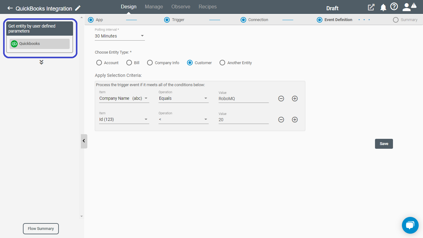 Get entity by user defined parameters Trigger for QuickBooks on Connect iPaaS