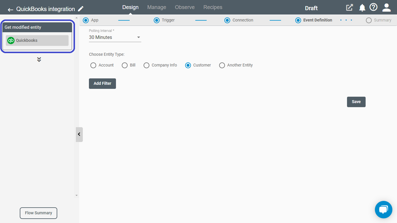 Get Modified Entity Trigger for QuickBooks on Connect iPaaS