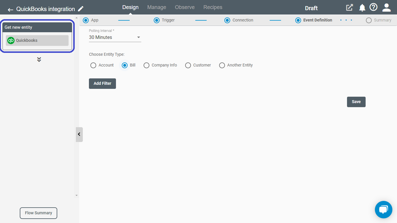 Get New Entity Trigger for QuickBooks on Connect iPaaS