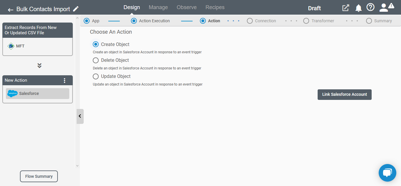 Action for Salesforce Application on Connect iPaaS