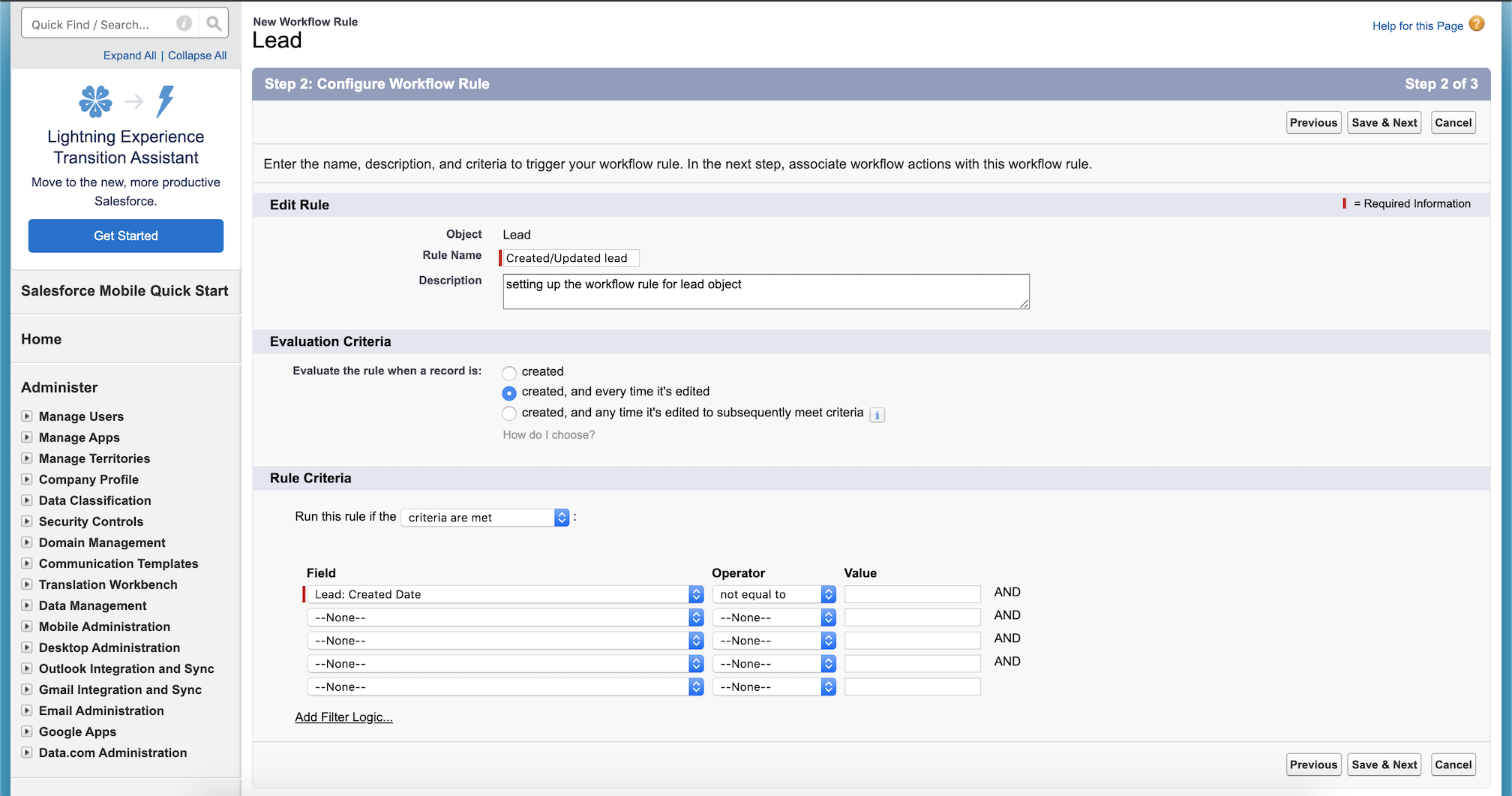 Salesforce Workflow Criteria