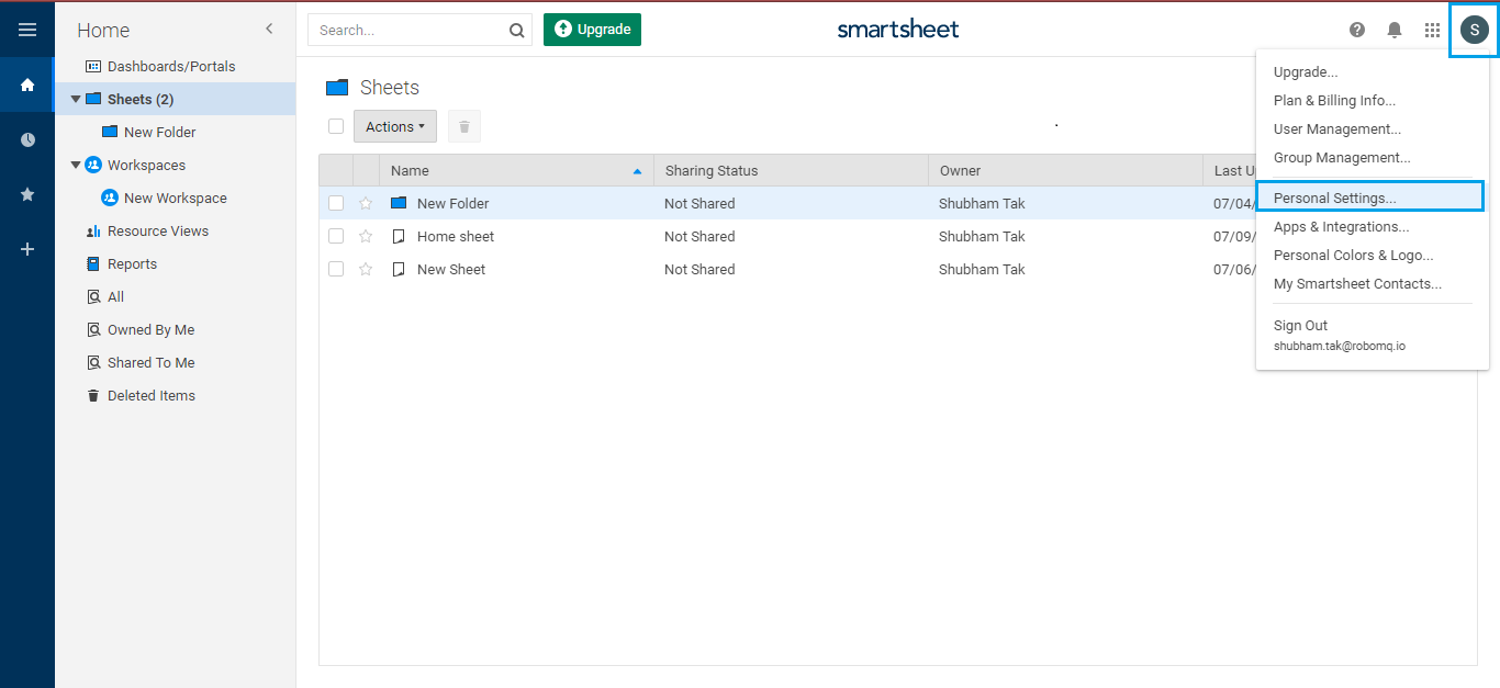 Smartsheet's Setup Button