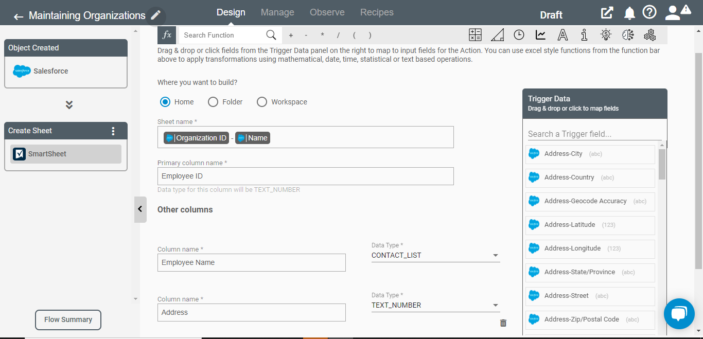 Create Sheet Action for Smartsheet Application on Connect iPaaS