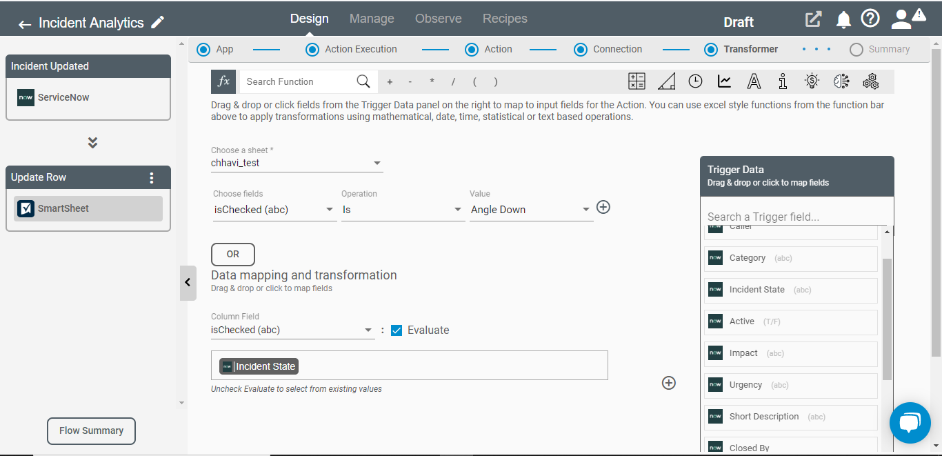 Update Row Action for Smartsheet Application on Connect iPaaS