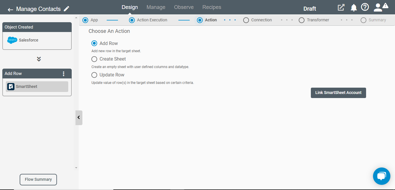 Action for Smartsheet Application on Connect iPaaS