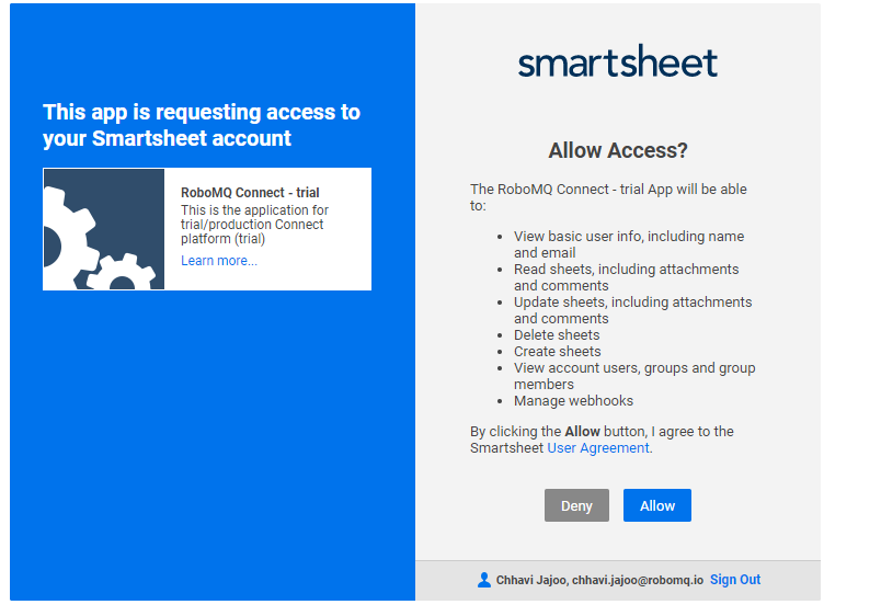 Smartsheet account authorization screen