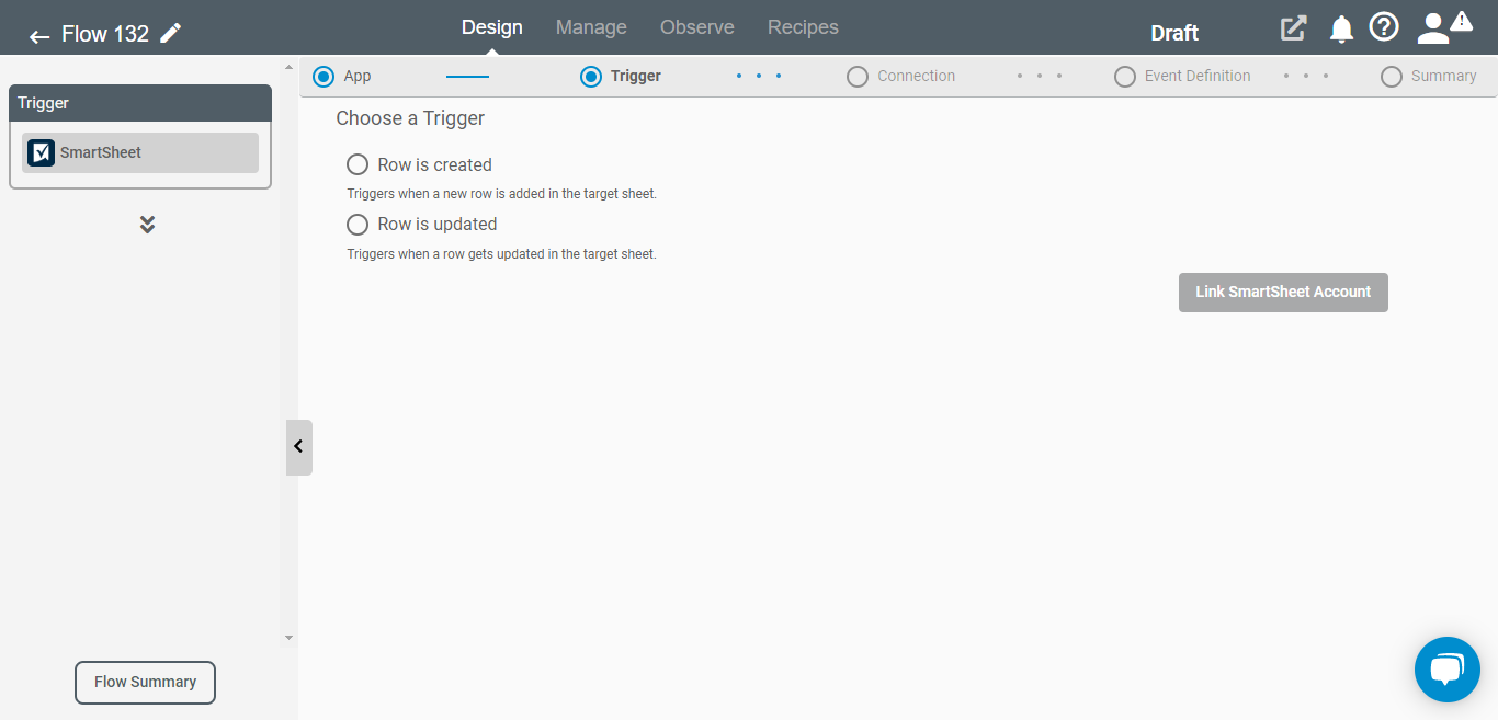 Triggers for Smartsheet Application on RoboMQ Connect iPaaS