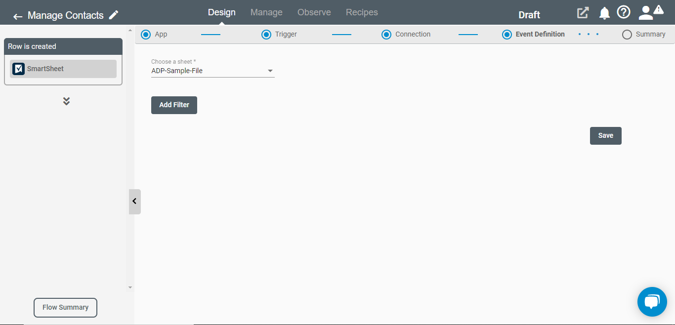 Row is Created trigger for Smartsheet Application on RoboMQ Connect iPaaS