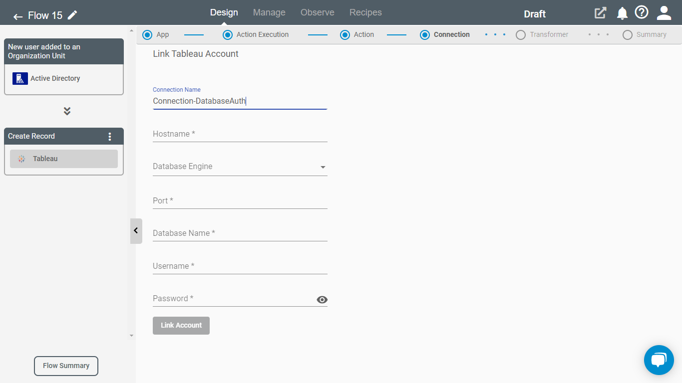 Connection Page for Tableau