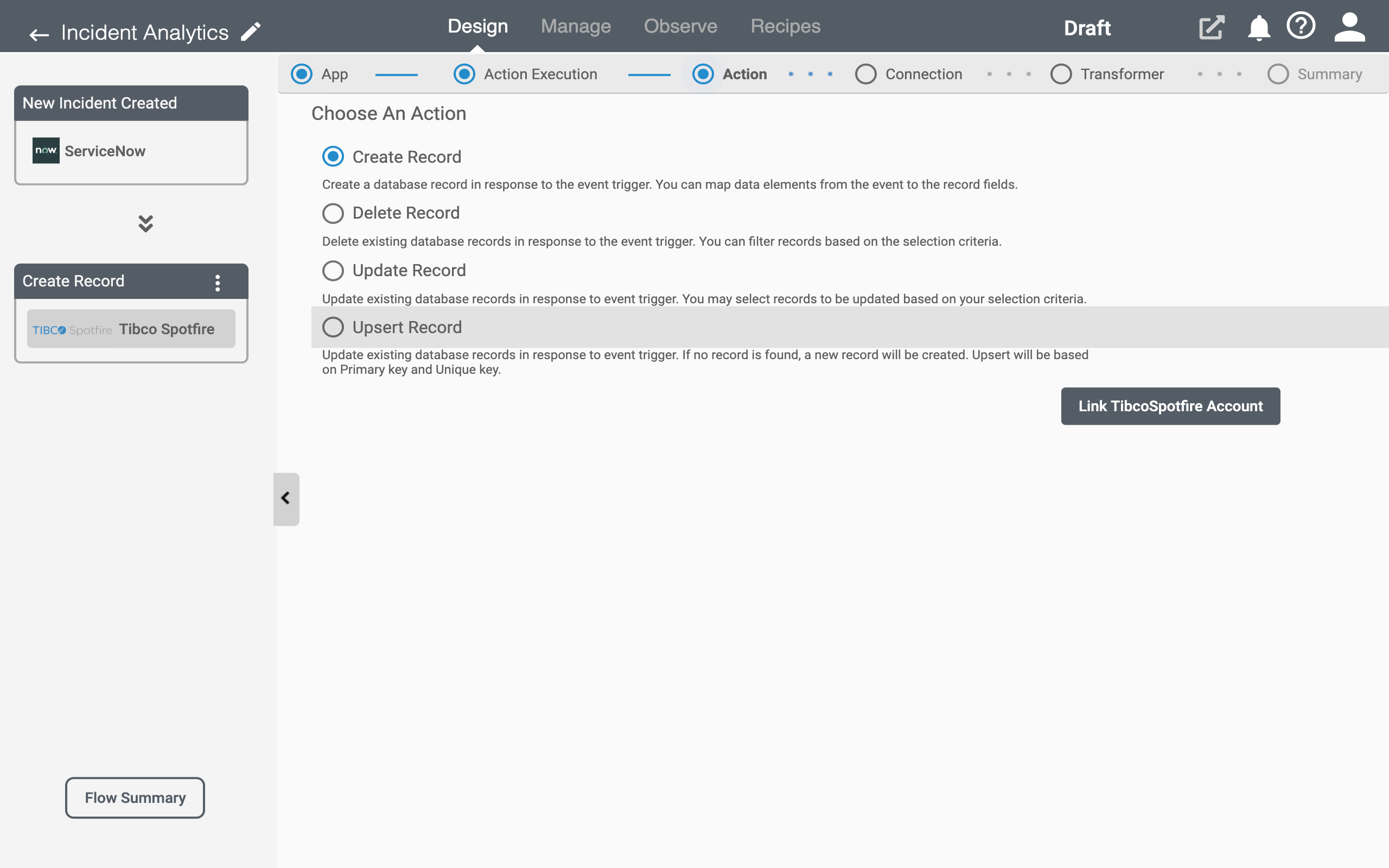 Actions for Tibco Spotfire Application on Connect iPaaS