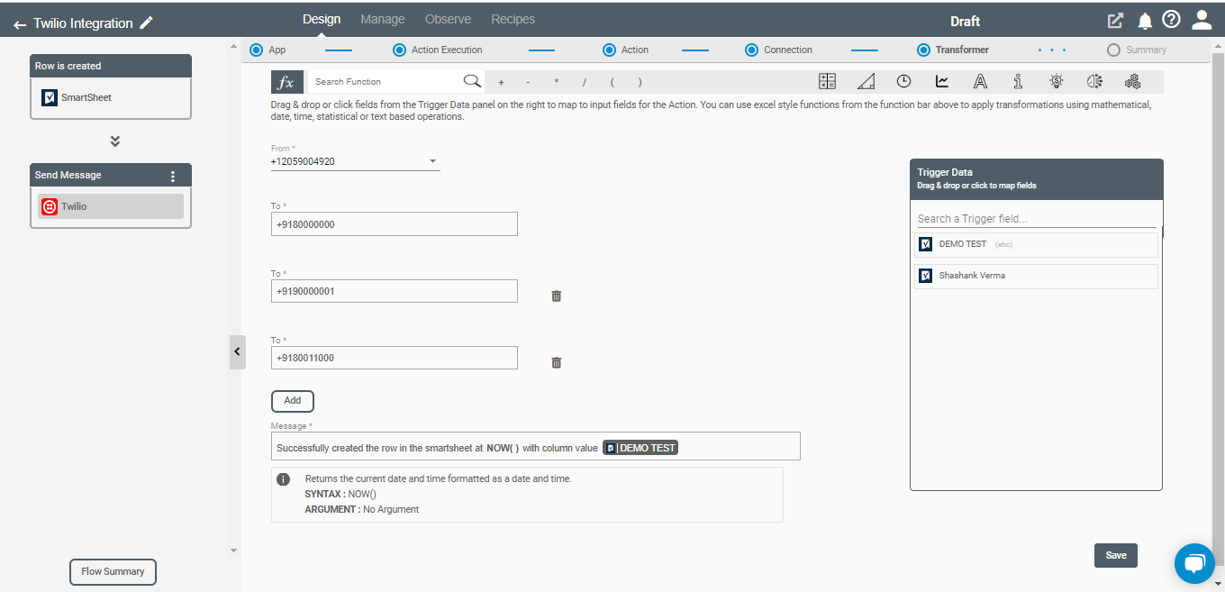 Action Form for Twilio Application on Connect iPaaS