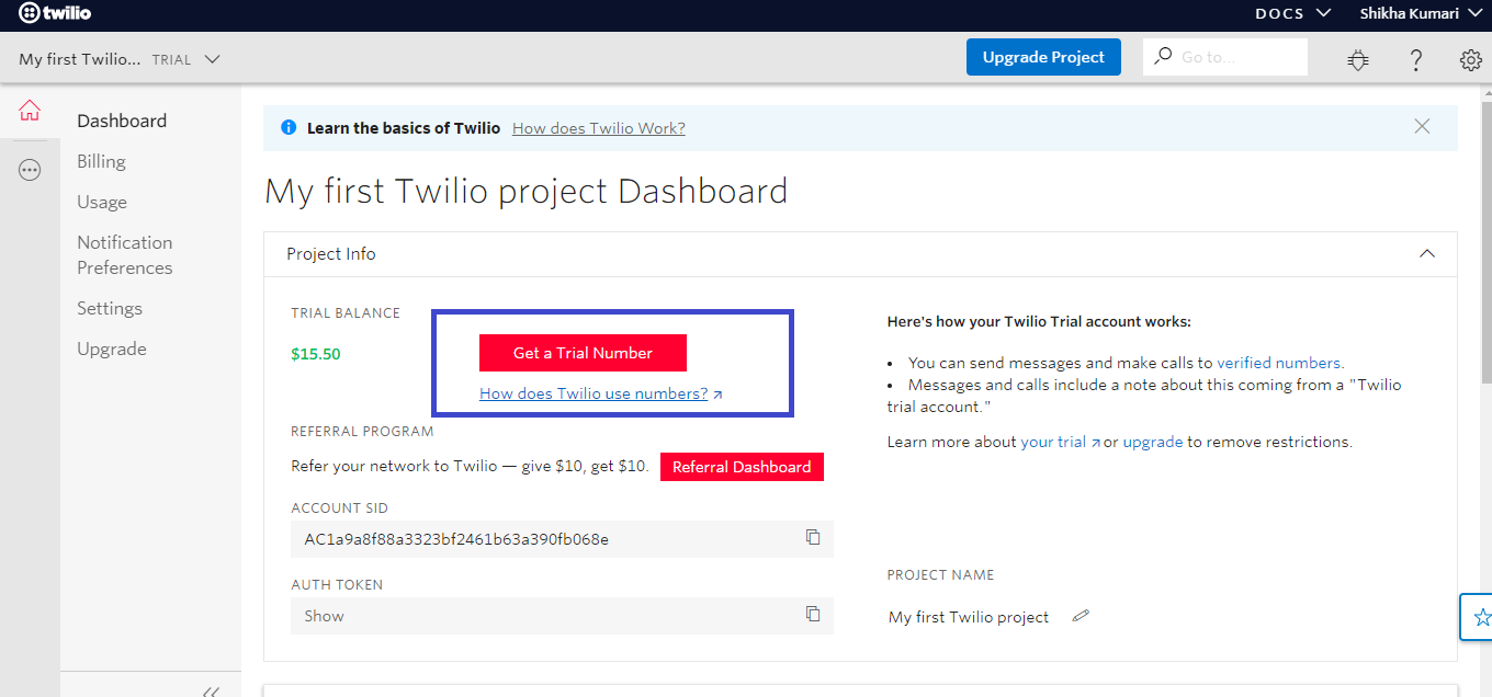 Get a trial number on Twilio dashboard