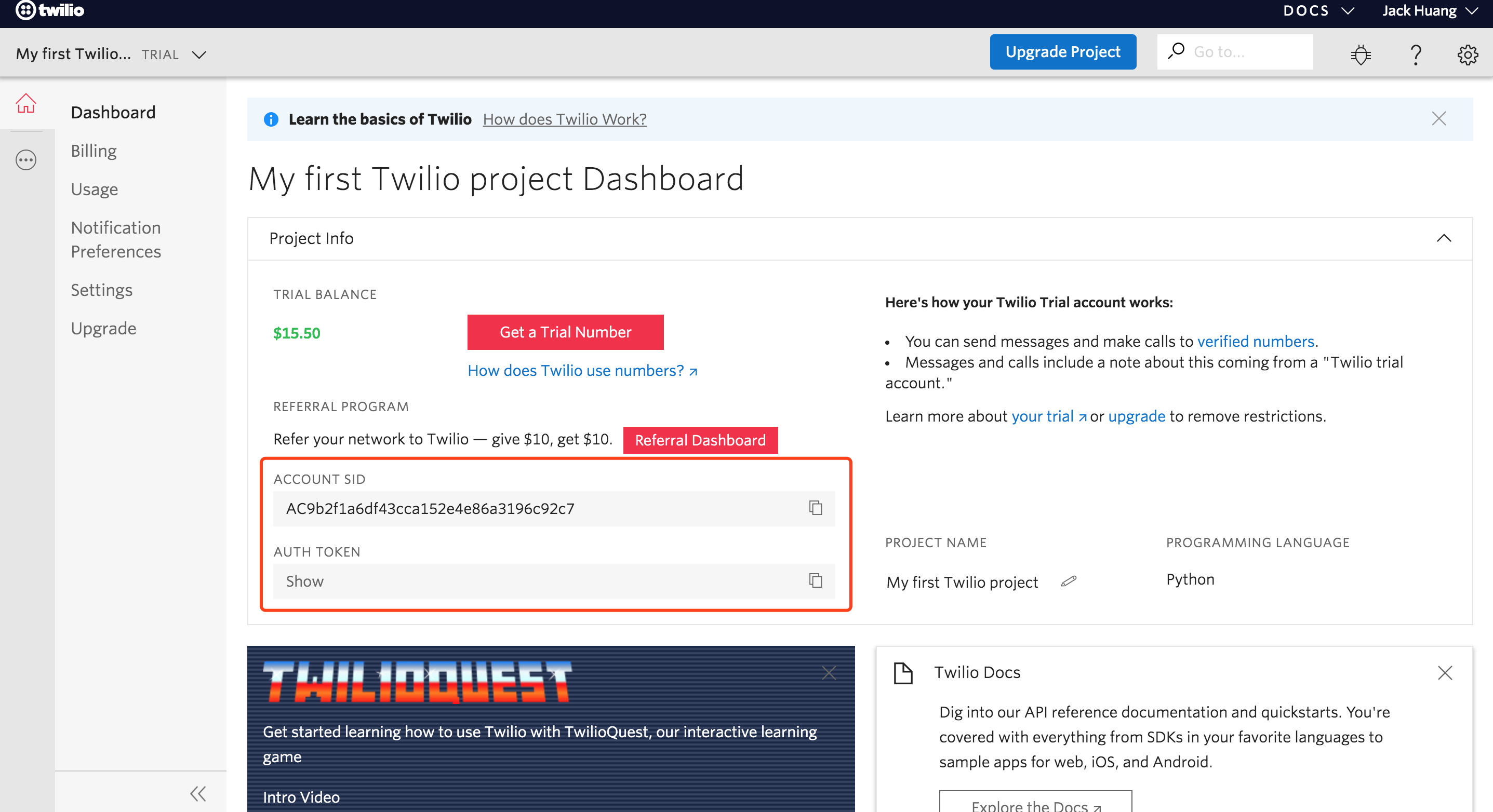 Find Twilio SID and Auth Token