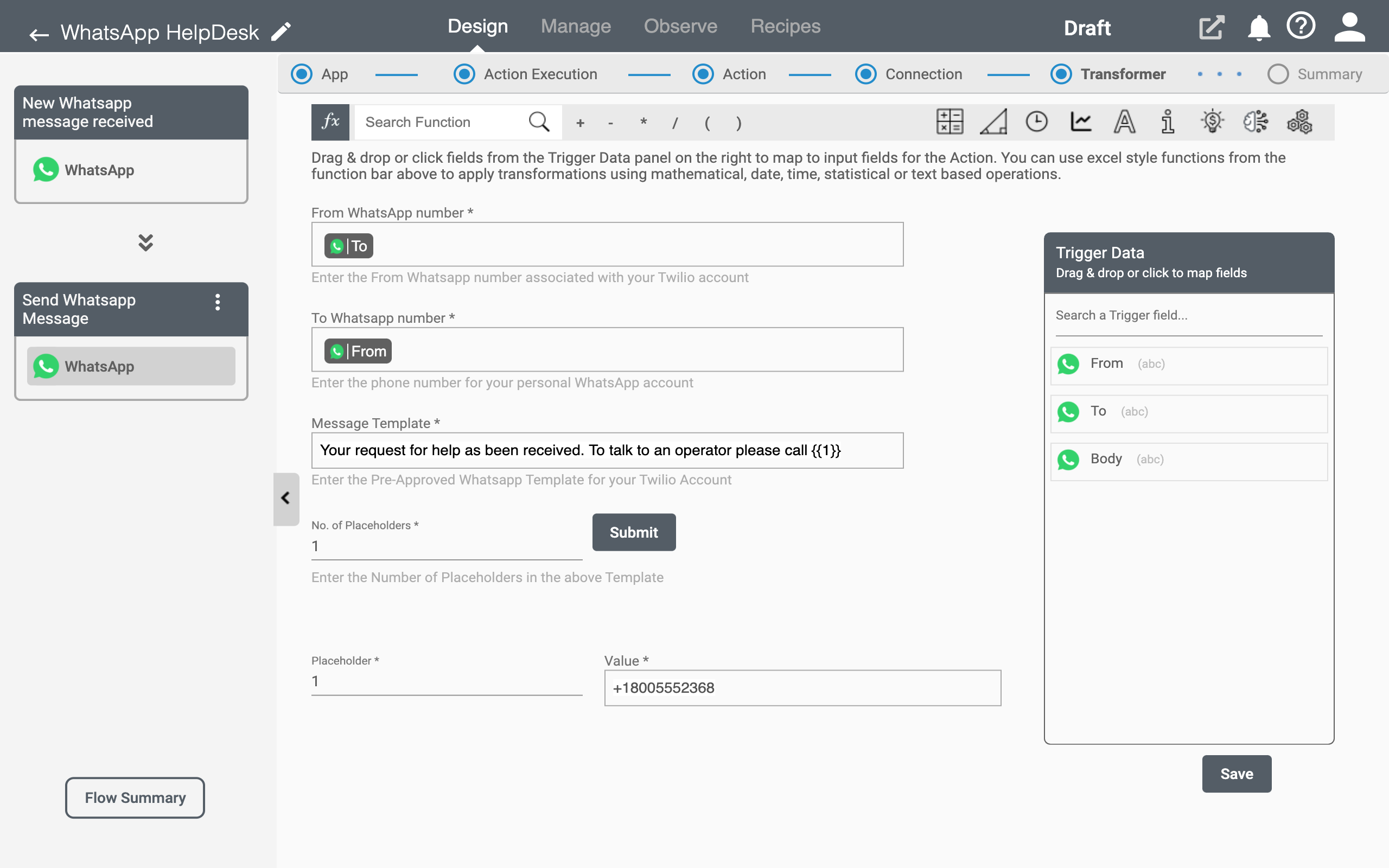 Action for Whatsapp Application on Connect iPaaS